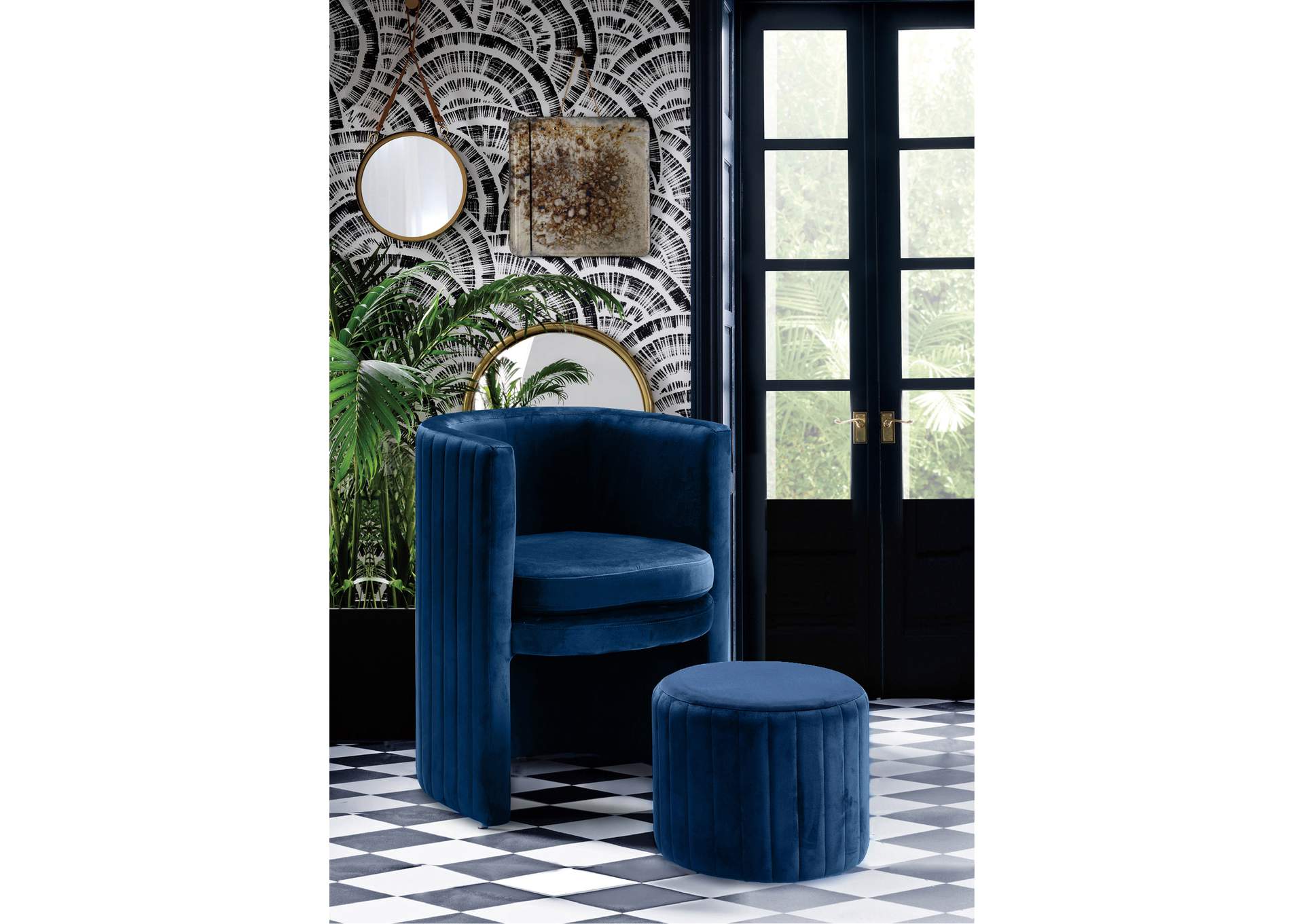 Selena Navy Velvet Accent Chair And Ottoman Set