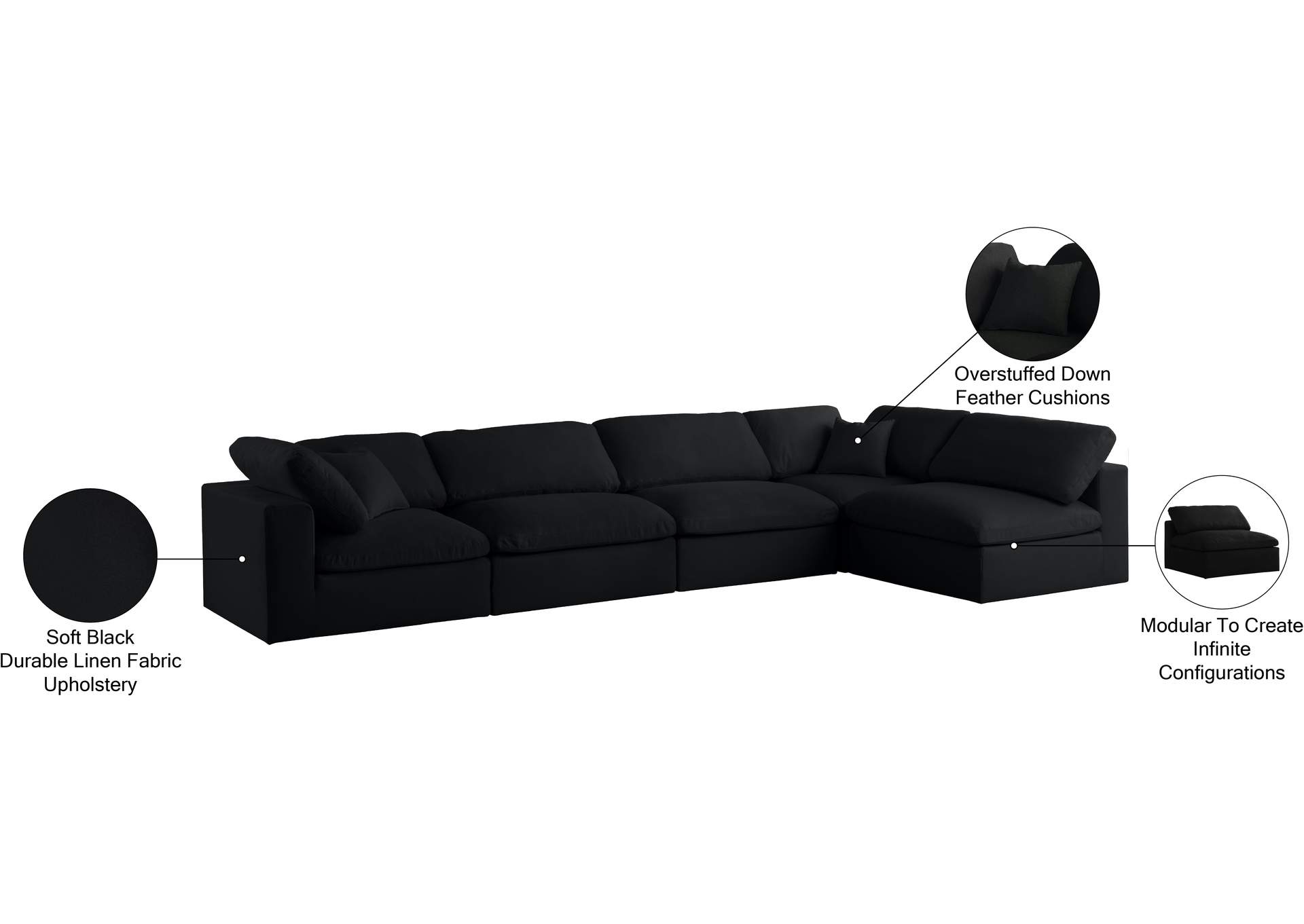 Serene Black Linen Textured Fabric Deluxe Comfort Modular Sectional