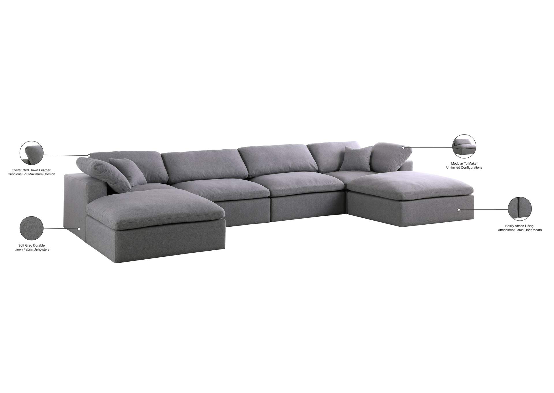Serene Grey Linen Textured Fabric Deluxe Comfort Modular Sectional