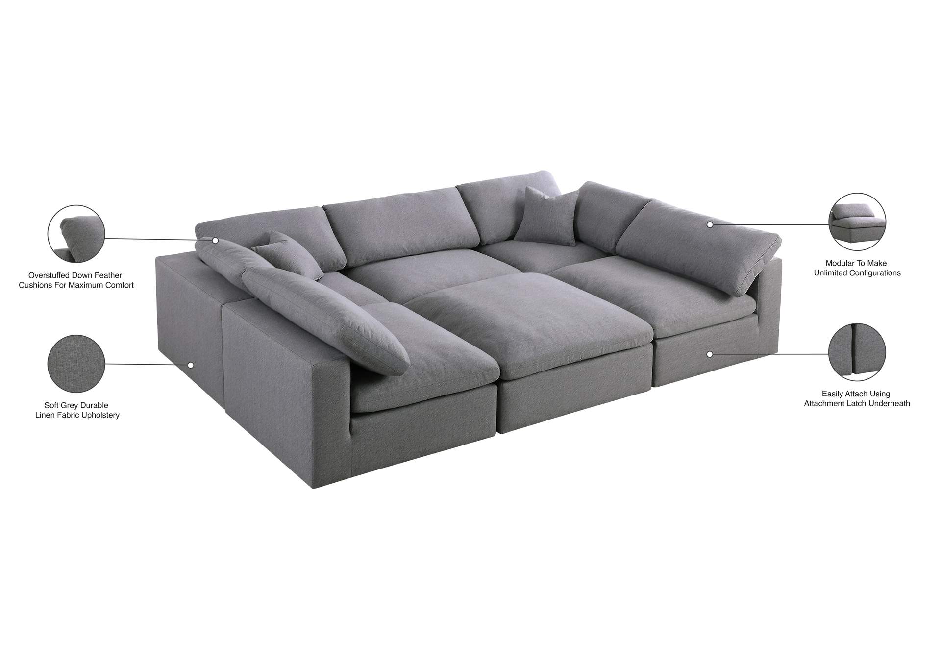 Serene Grey Linen Textured Fabric Deluxe Comfort Modular Sectional