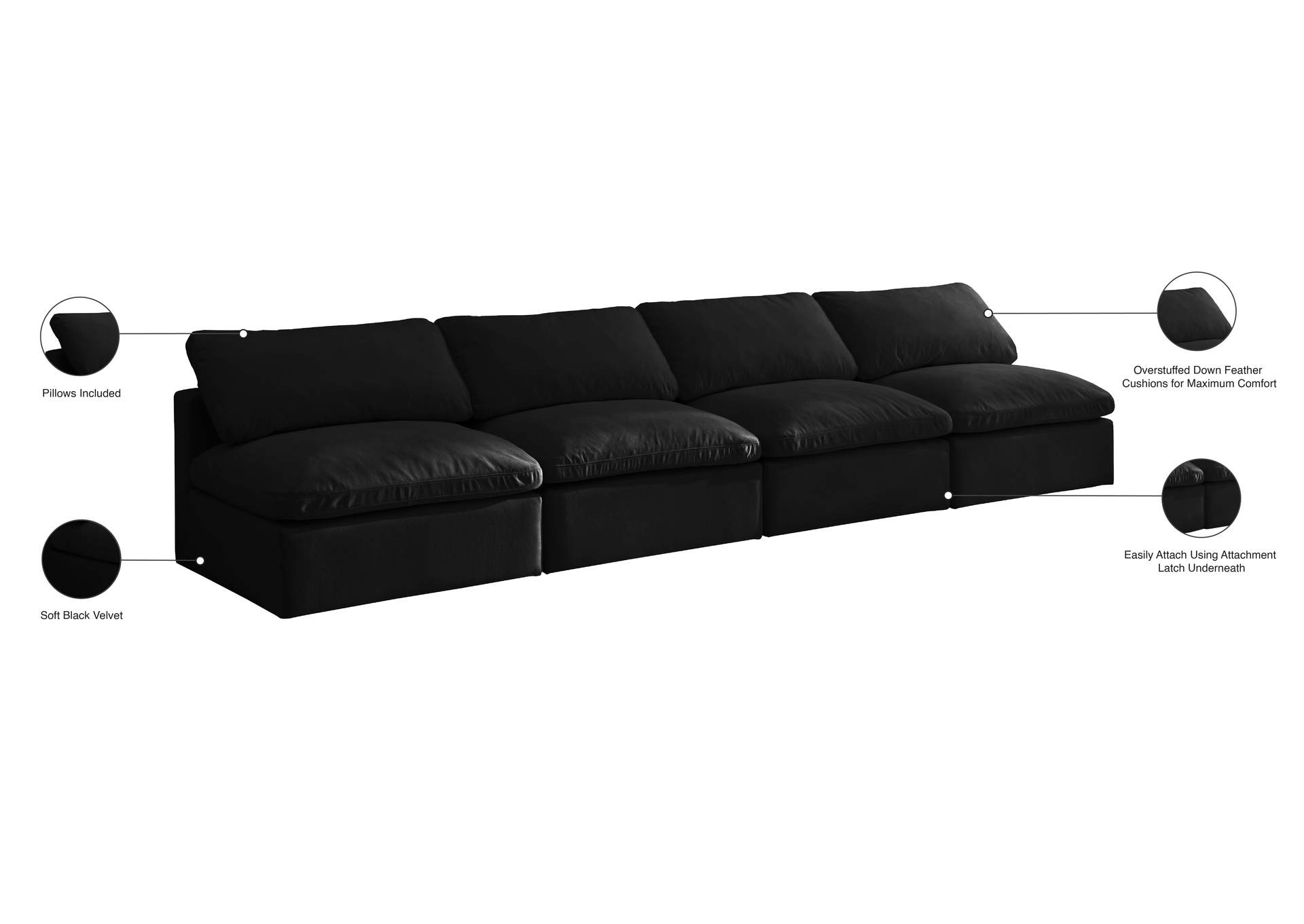 Plush Black Velvet Standard Comfort Modular Sofa
