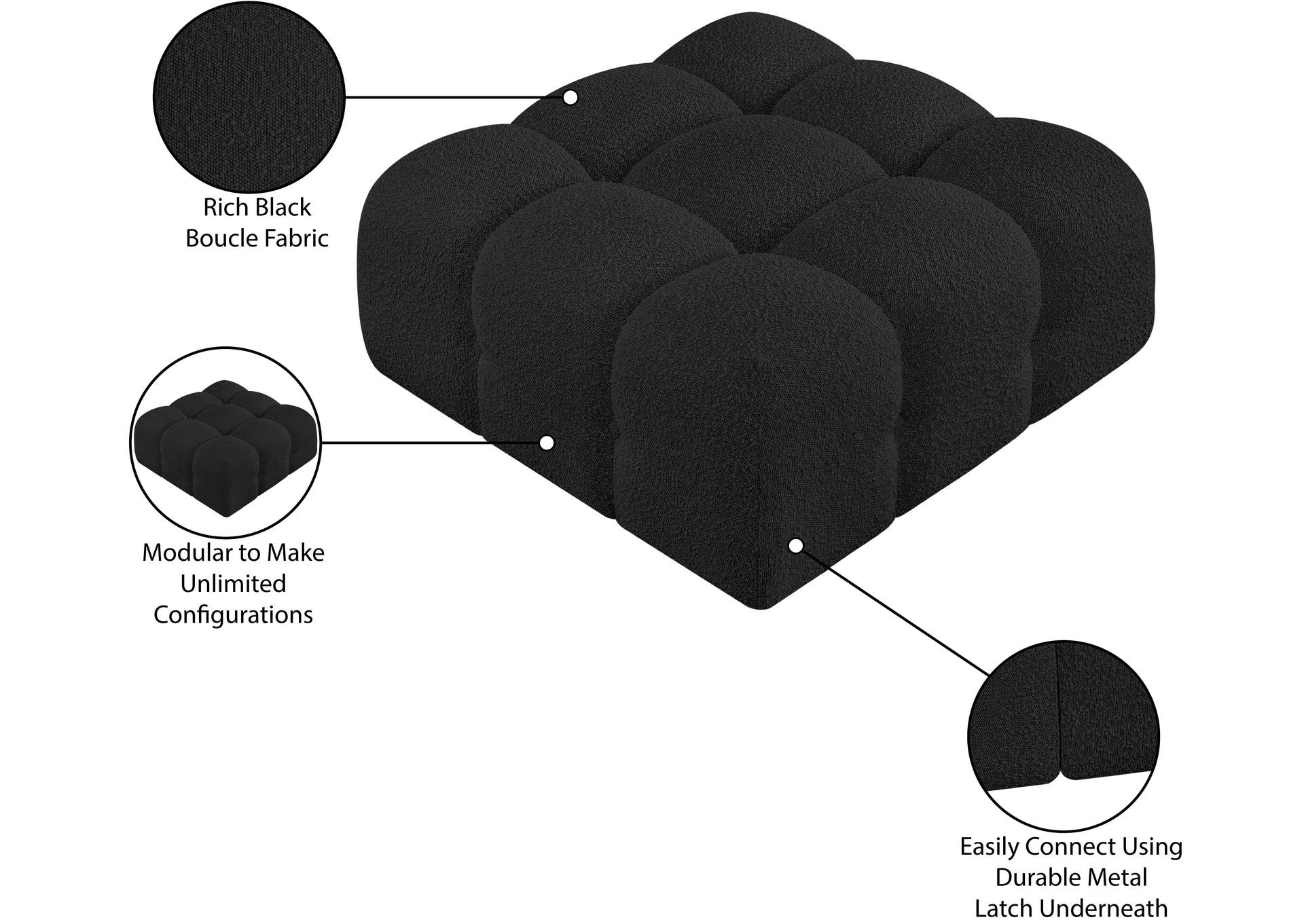 Ames Black Boucle Fabric Ottoman
