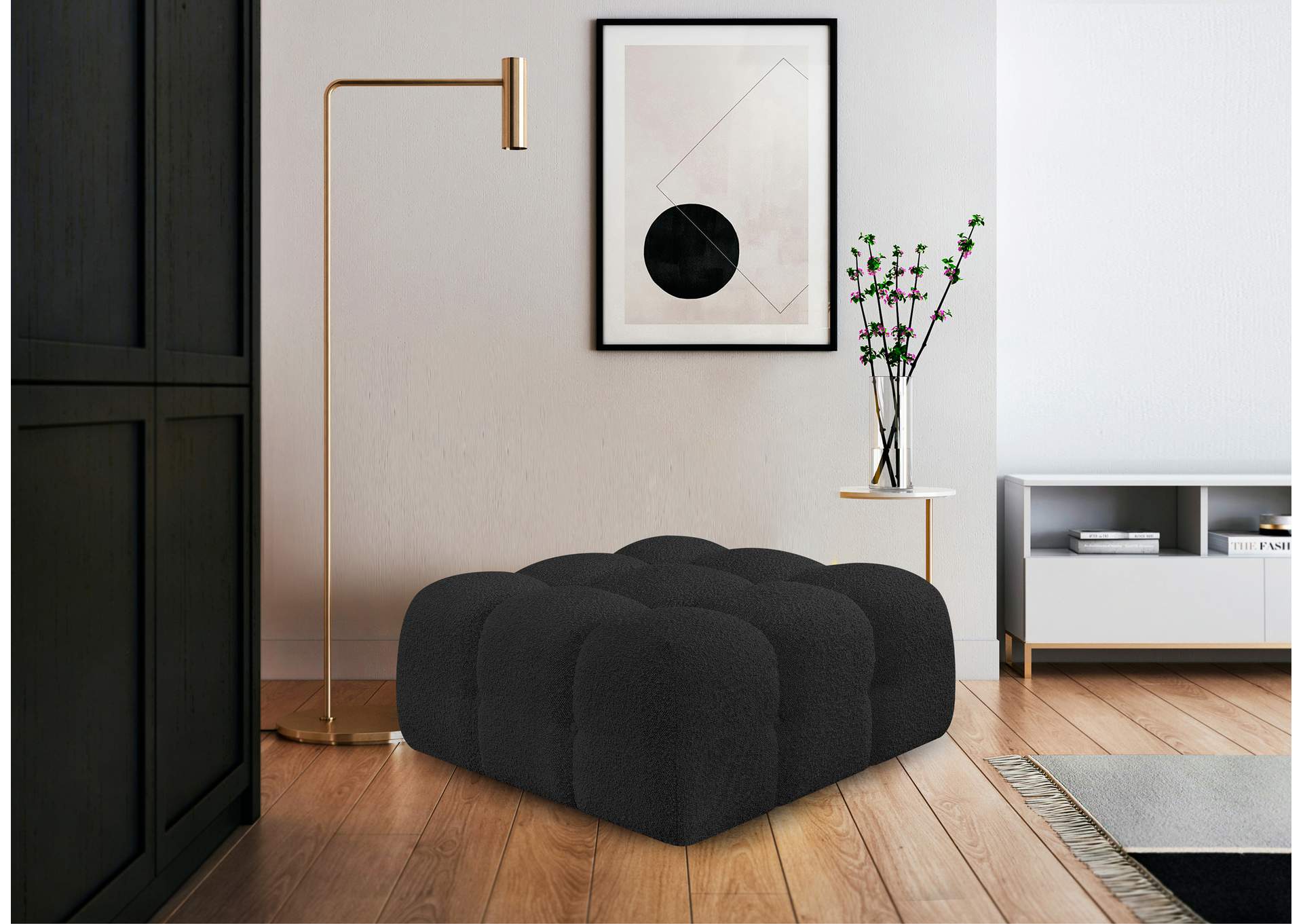 Ames Black Boucle Fabric Ottoman