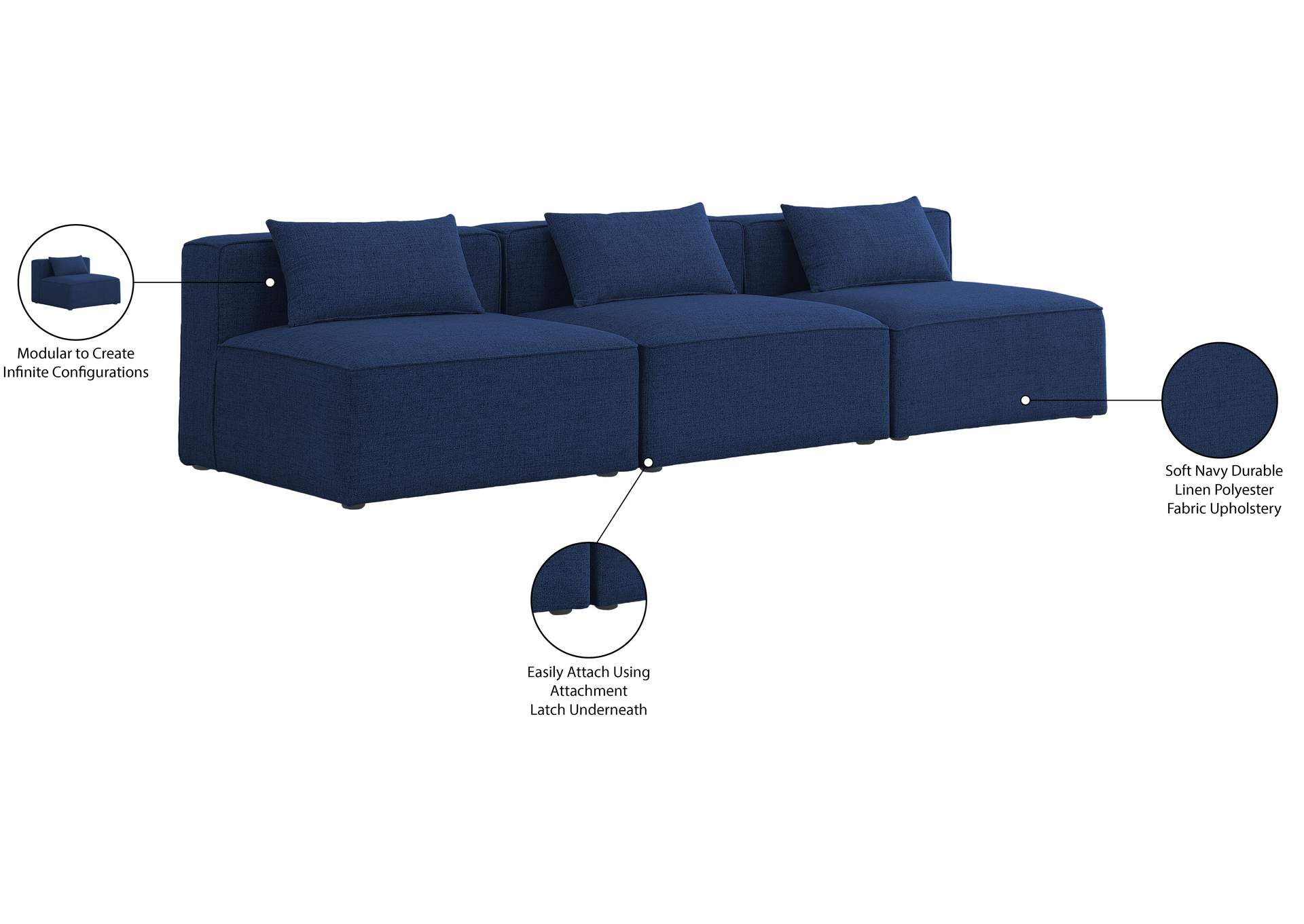 Cube Navy Durable Linen Textured Modular Sofa
