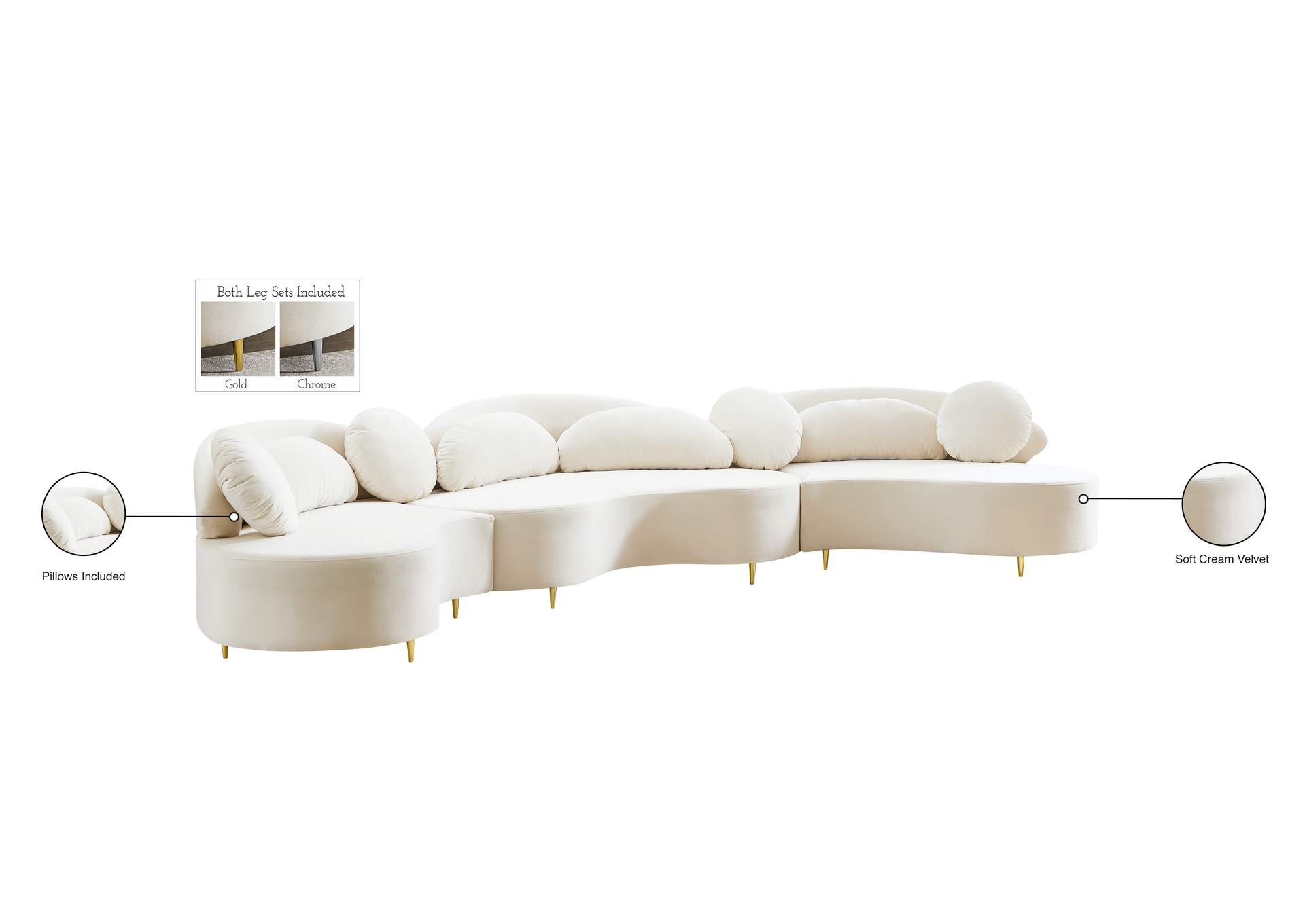 Vivacious Cream Velvet 3 Piece Sectional (3 Boxes)