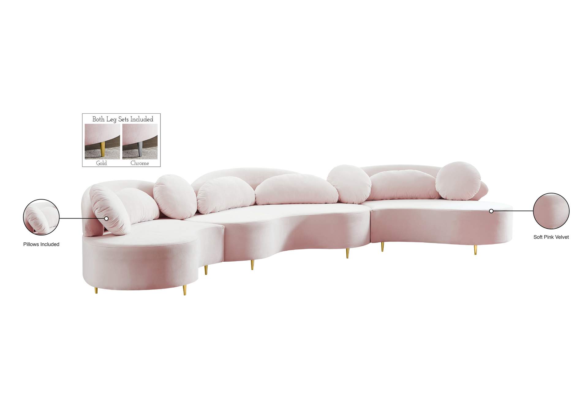 Vivacious Pink Velvet 3 Piece Sectional (3 Boxes)