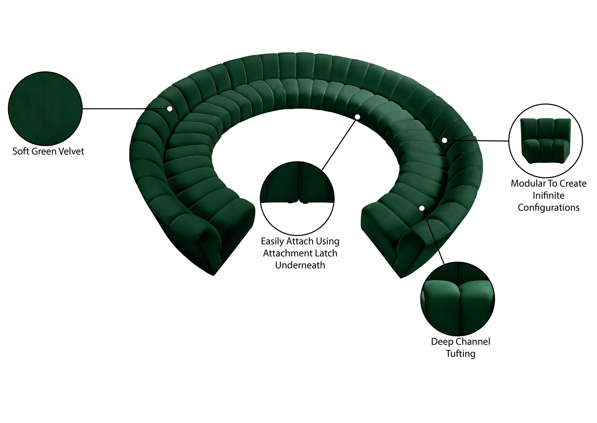 Infinity Green Velvet 11 Piece Modular Sectional