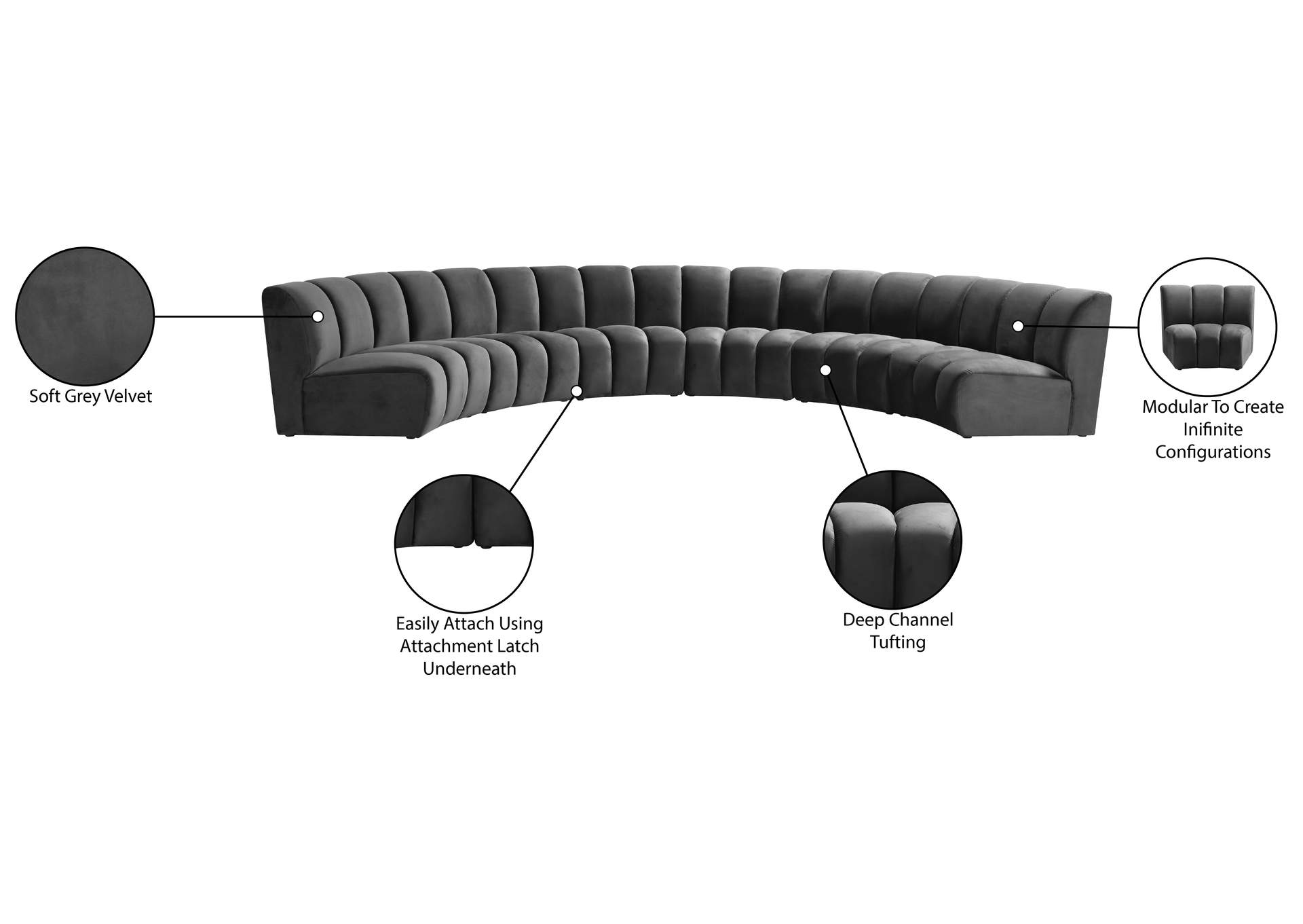 Infinity Grey Velvet 6 Piece . Modular Sectional