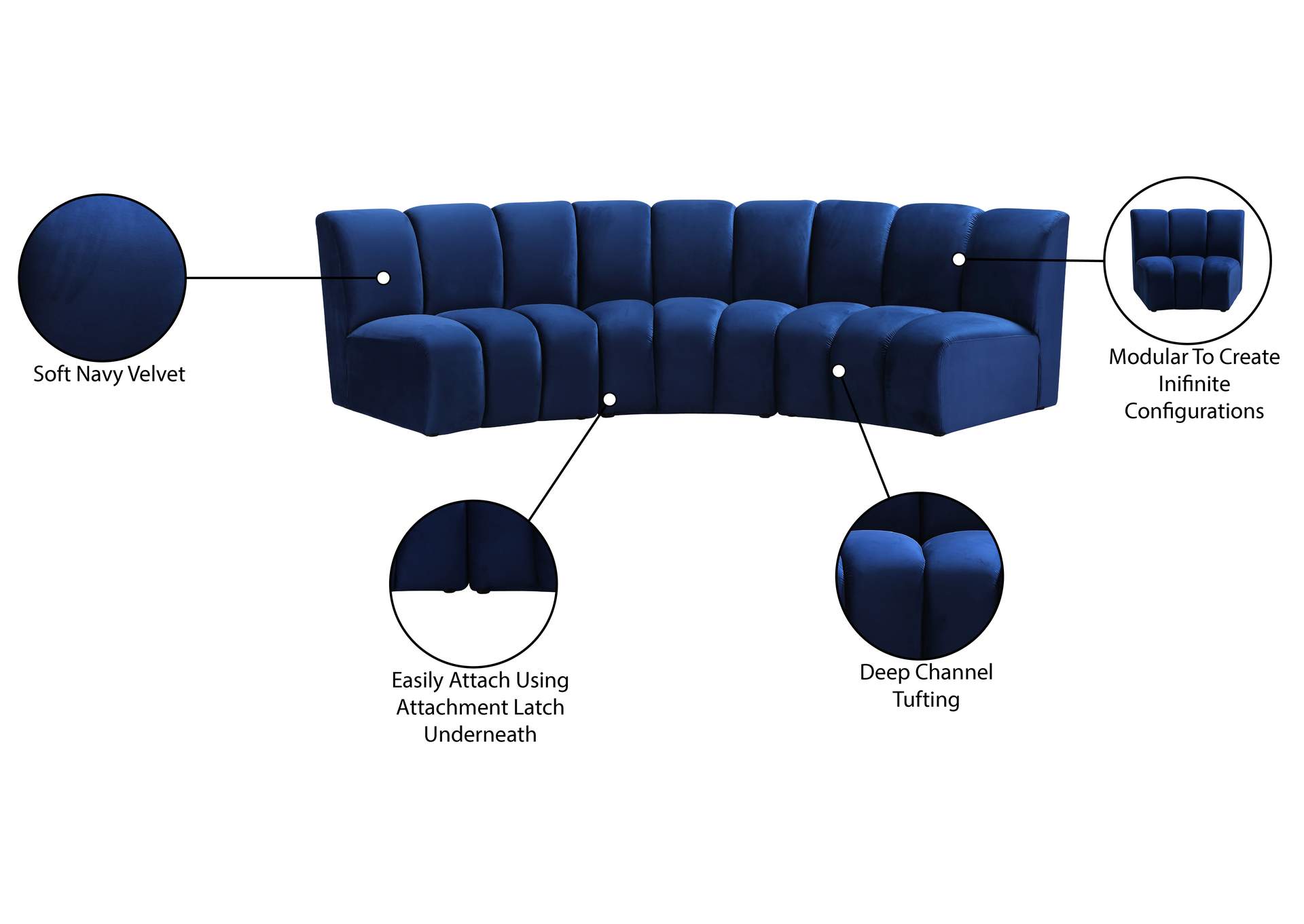 Infinity Navy Velvet 3 Piece Modular Sectional
