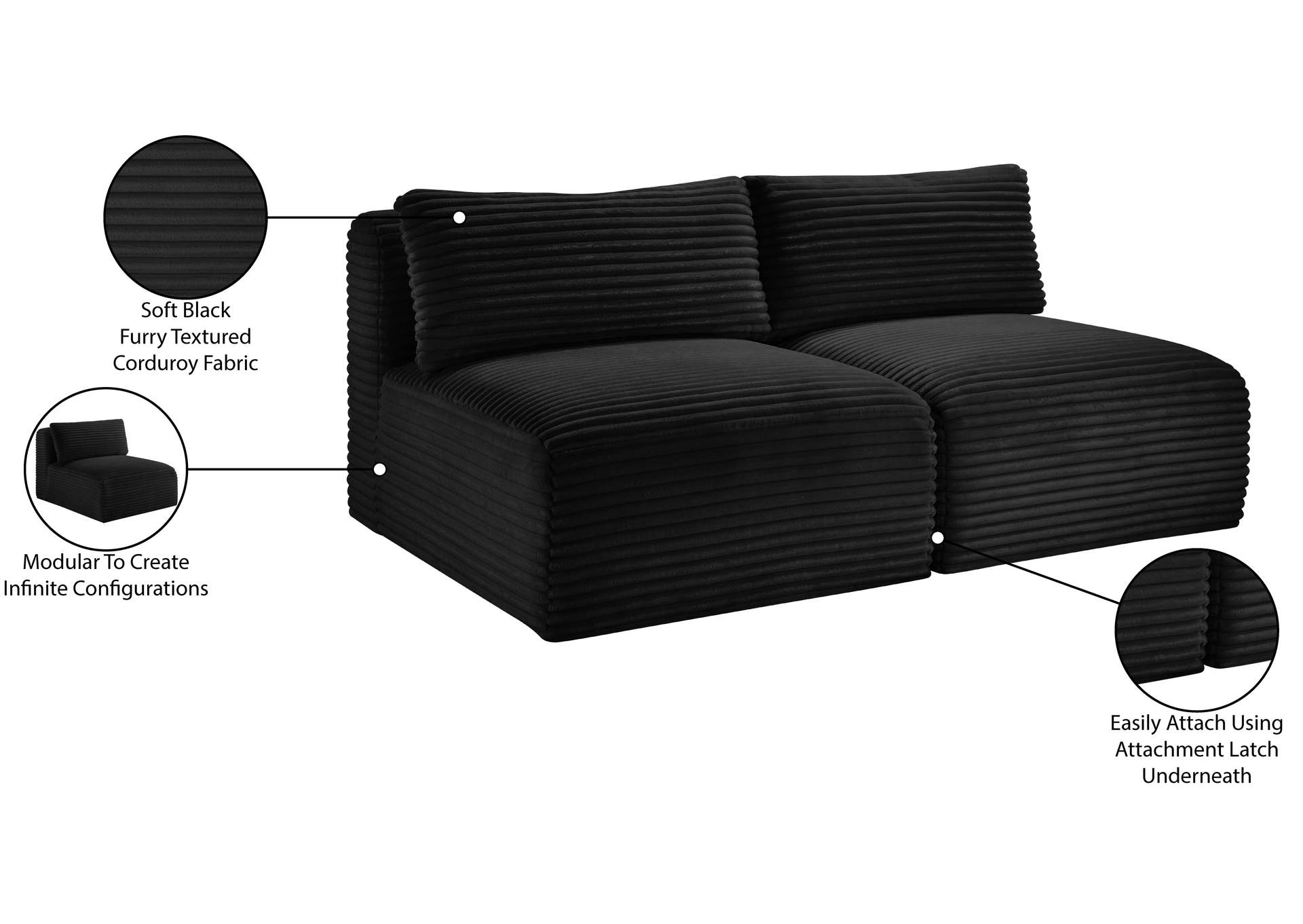 Shaggy Black Corduroy Performance Fabric Modular Sofa image 11