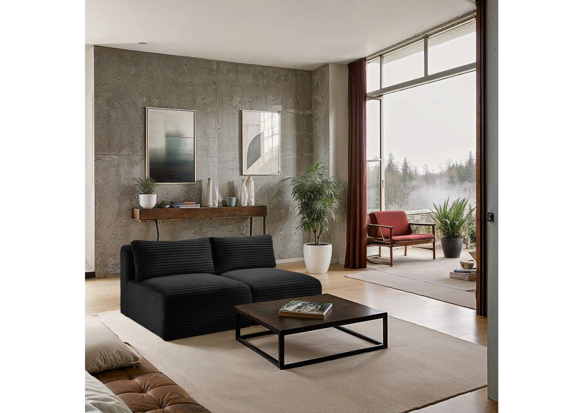 Shaggy Black Corduroy Performance Fabric Modular Sofa image 3
