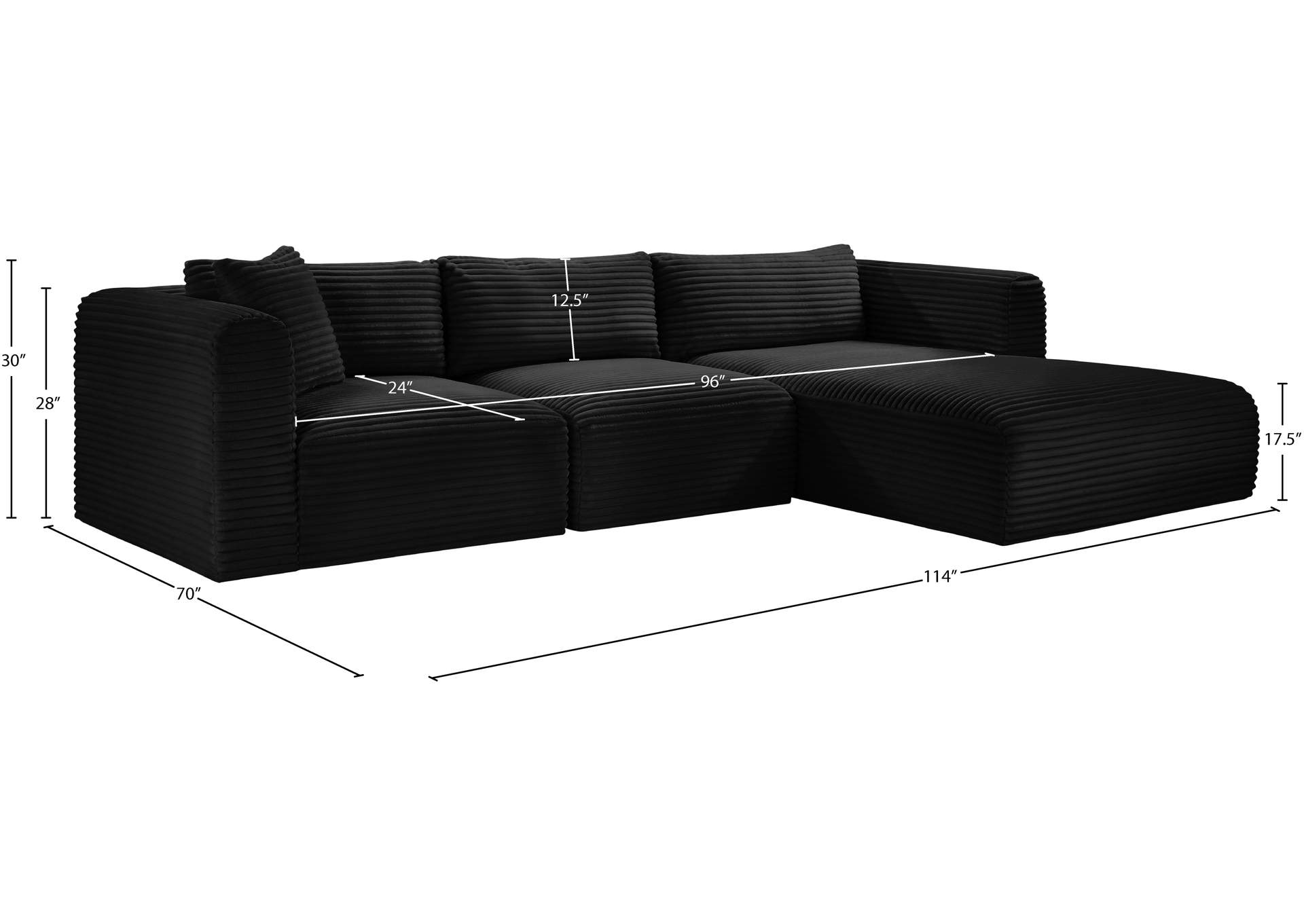 Shaggy Black Corduroy Performance Fabric Modular Sectional image 13