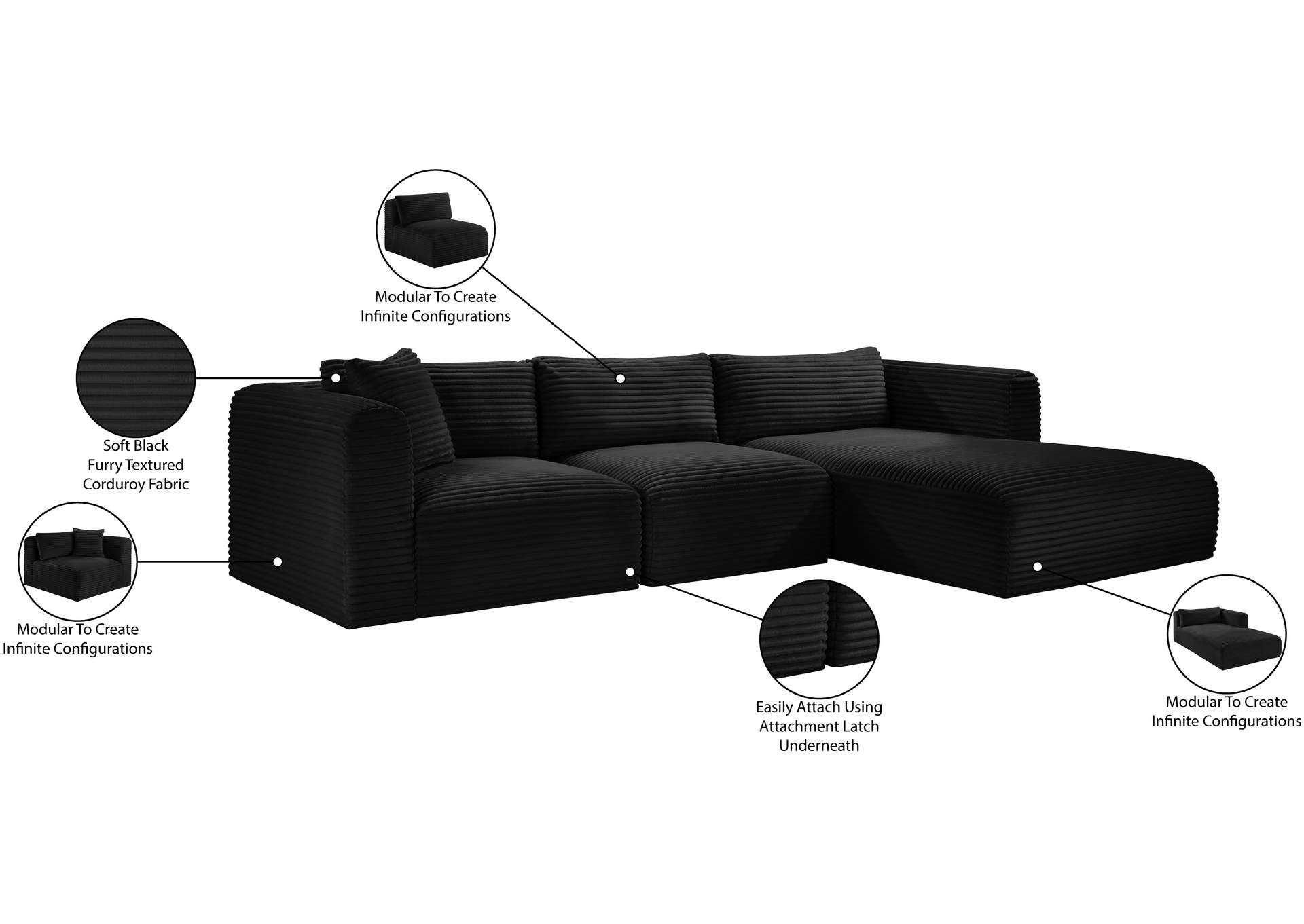 Shaggy Black Corduroy Performance Fabric Modular Sectional image 14