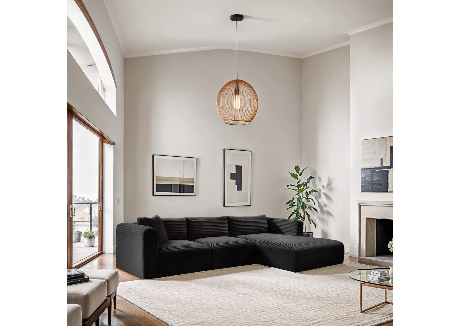 Shaggy Black Corduroy Performance Fabric Modular Sectional image 3