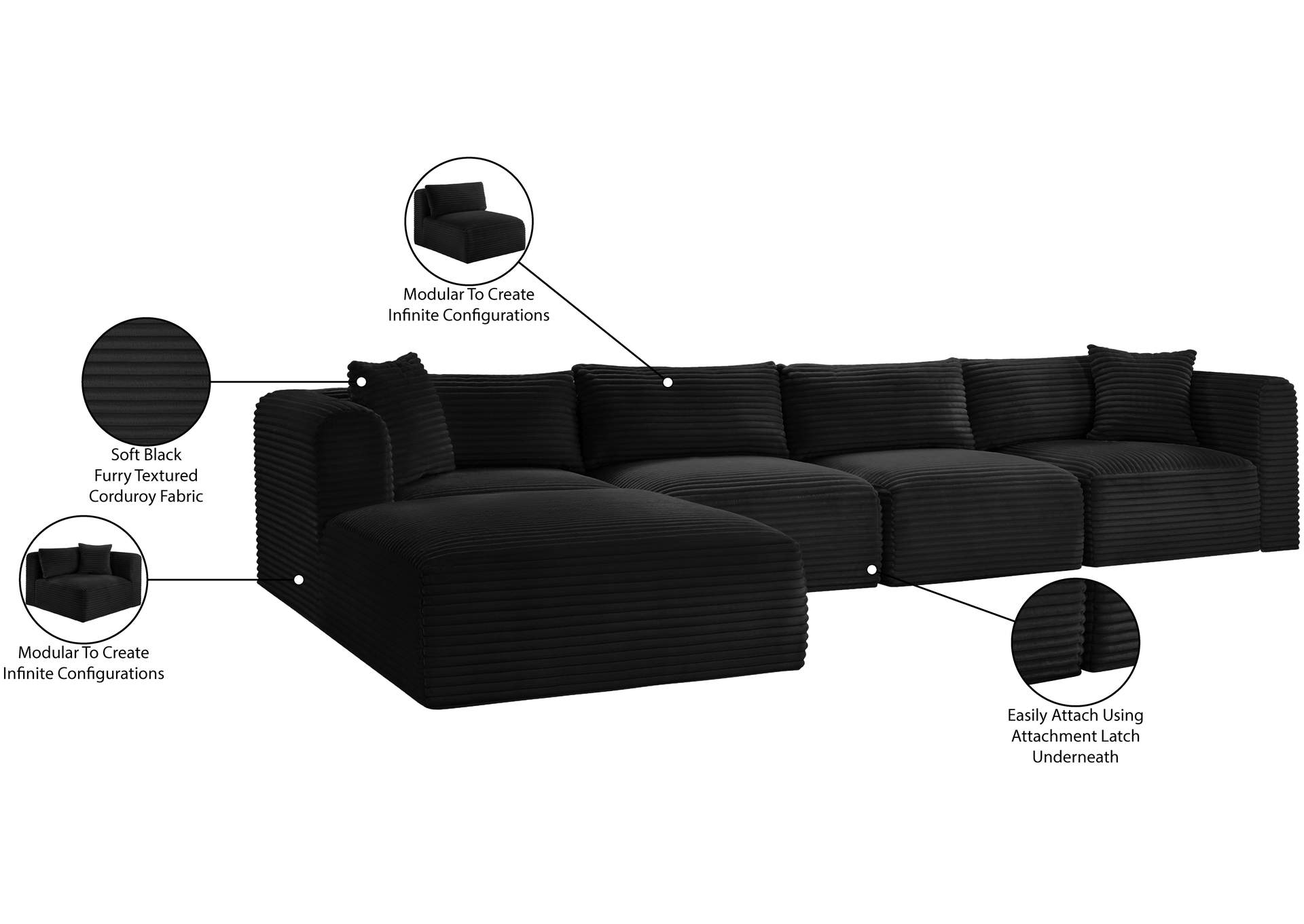Shaggy Black Corduroy Performance Fabric Modular Sectional image 14