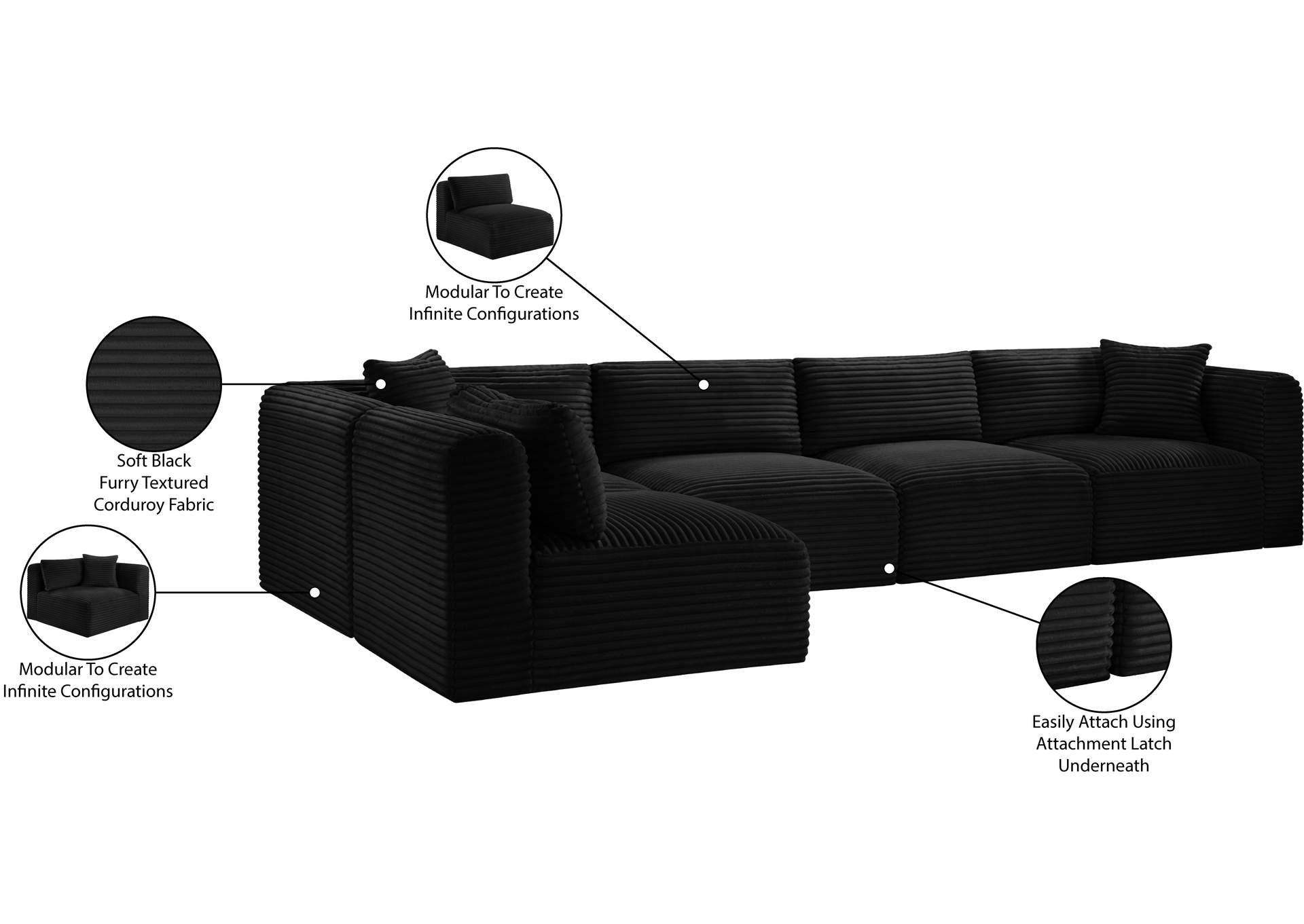 Shaggy Black Corduroy Performance Fabric Modular Sectional