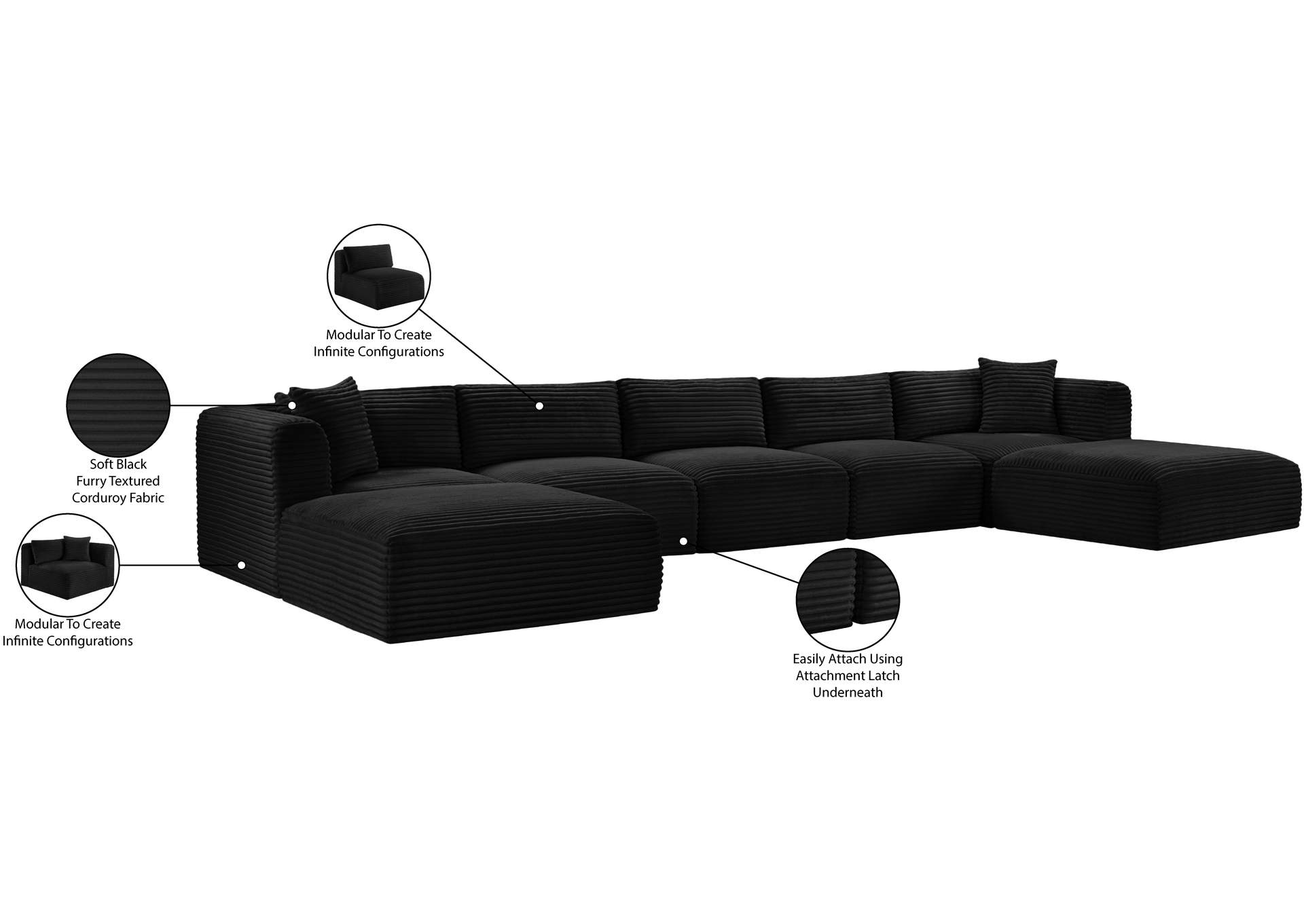 Shaggy Black Corduroy Performance Fabric Modular Sectional image 13