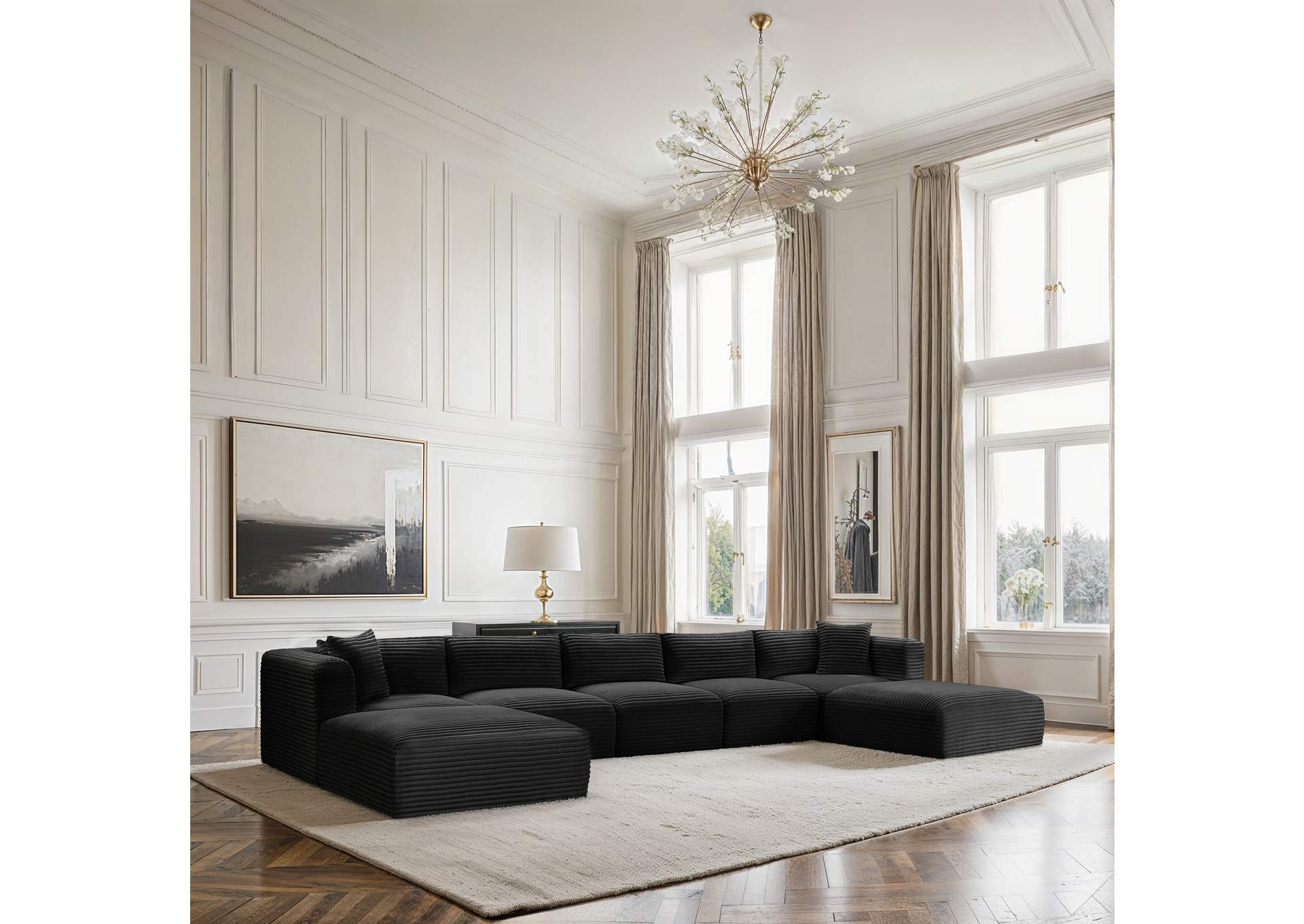 Shaggy Black Corduroy Performance Fabric Modular Sectional image 3