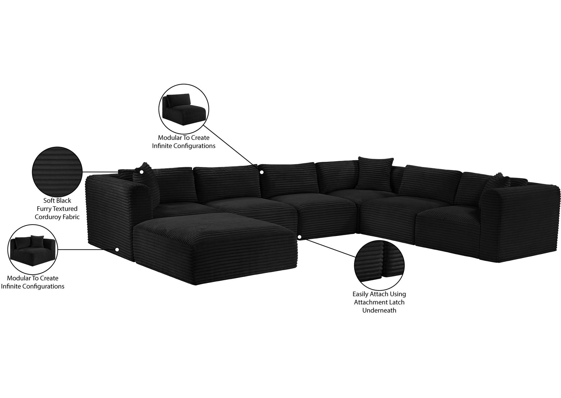 Shaggy Black Corduroy Performance Fabric Modular Sectional image 15