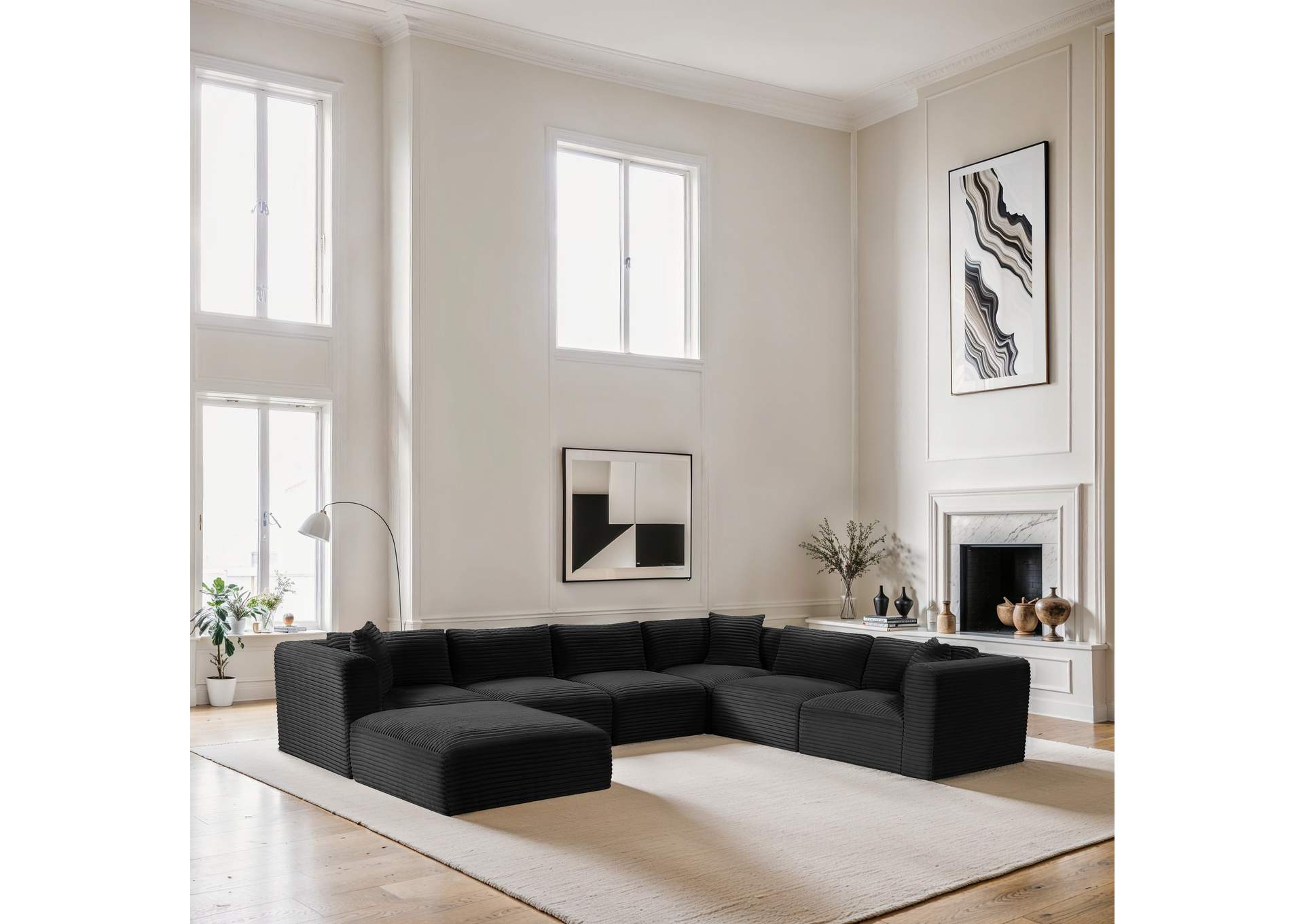 Shaggy Black Corduroy Performance Fabric Modular Sectional image 3