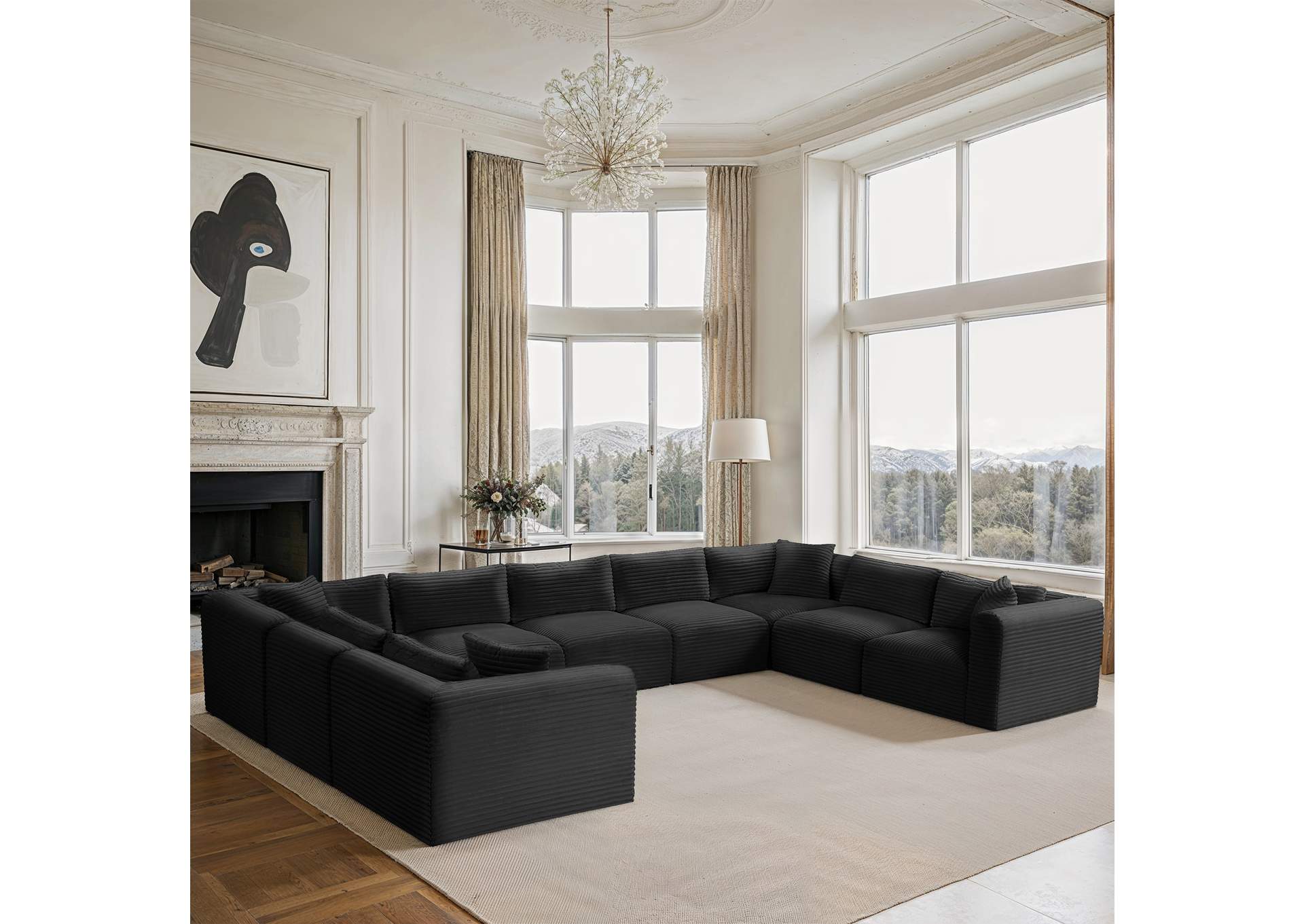 Shaggy Black Corduroy Performance Fabric Modular Sectional