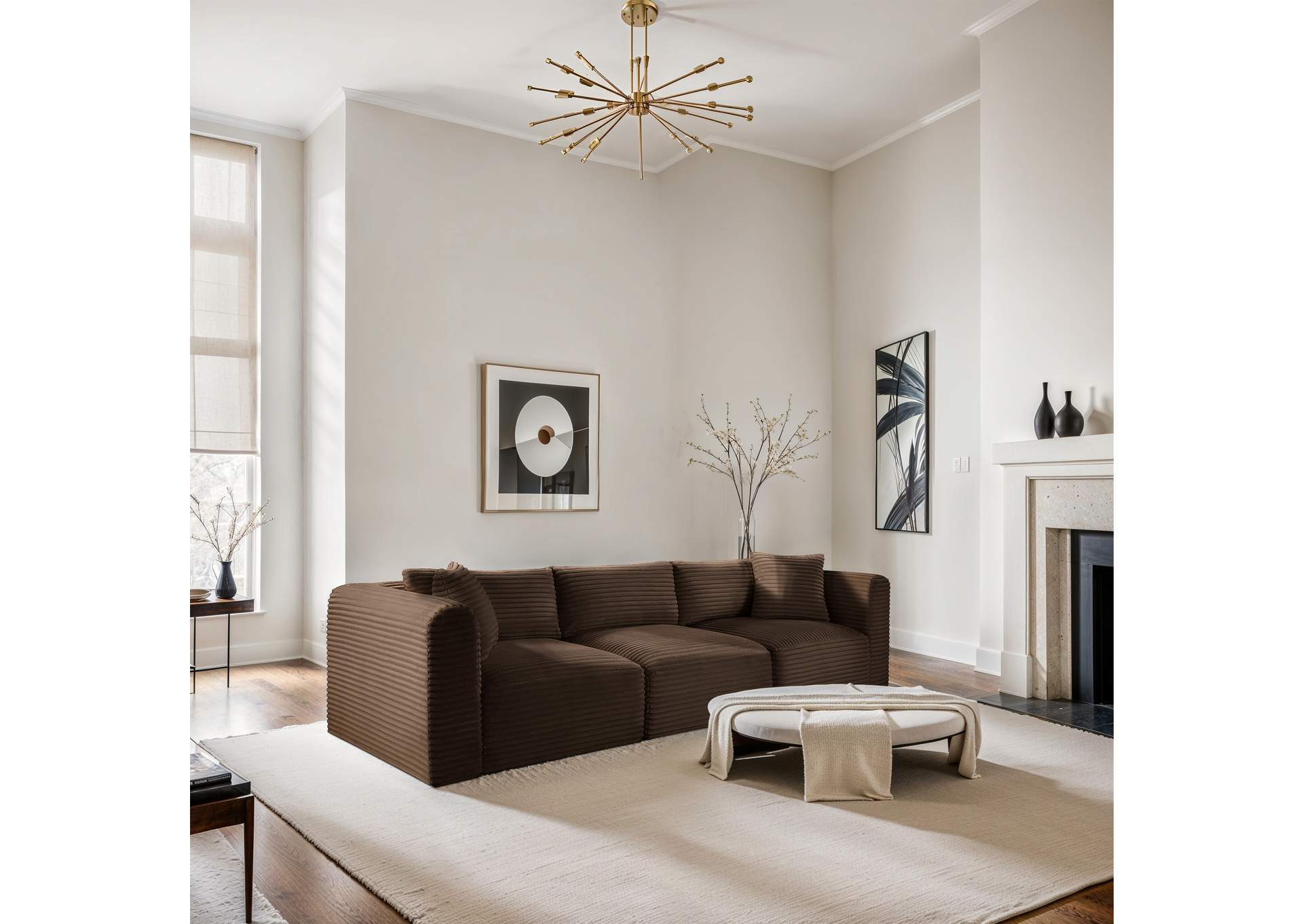 Shaggy Brown Corduroy Performance Fabric Modular Sofa