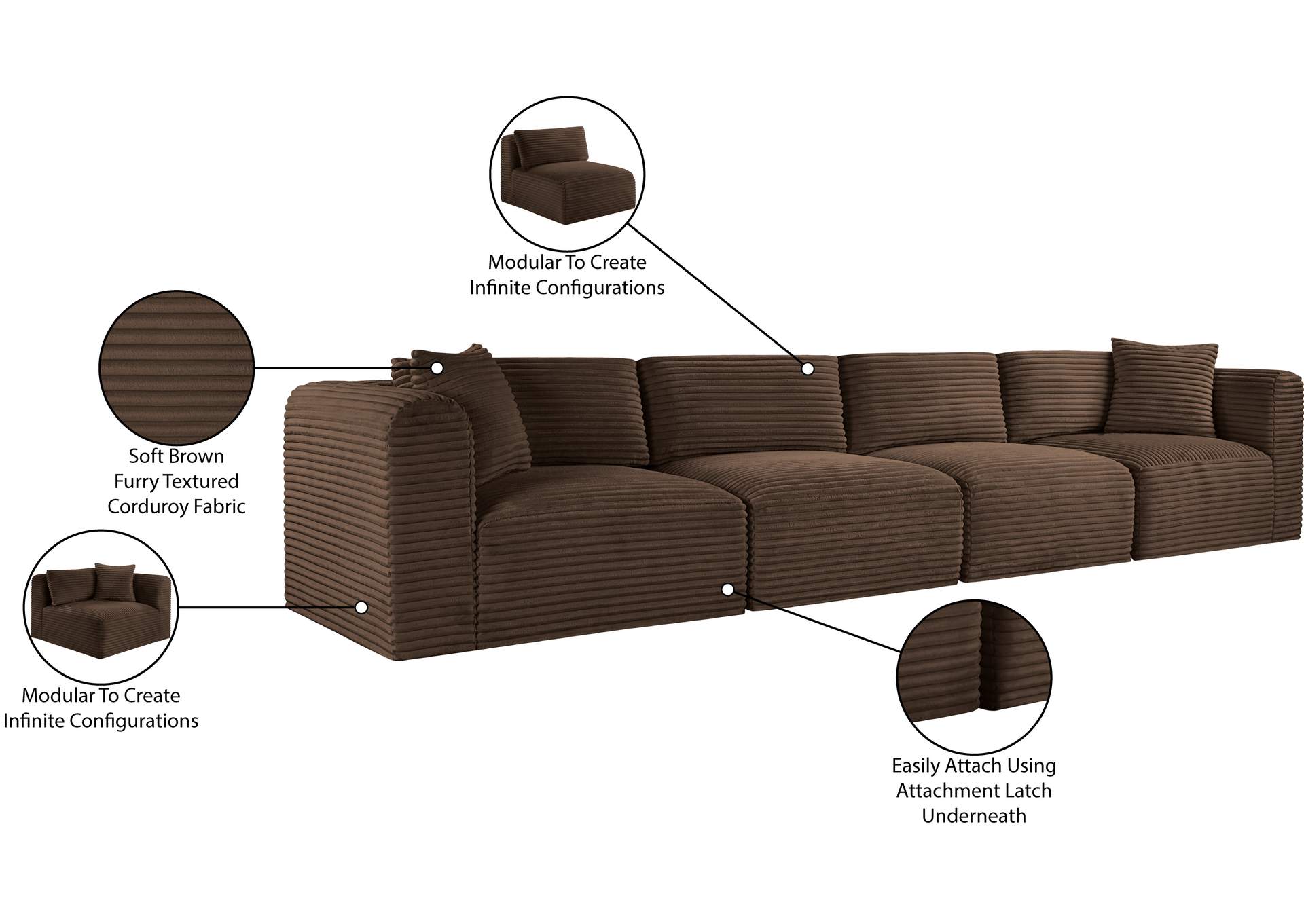 Shaggy Brown Corduroy Performance Fabric Modular Sofa