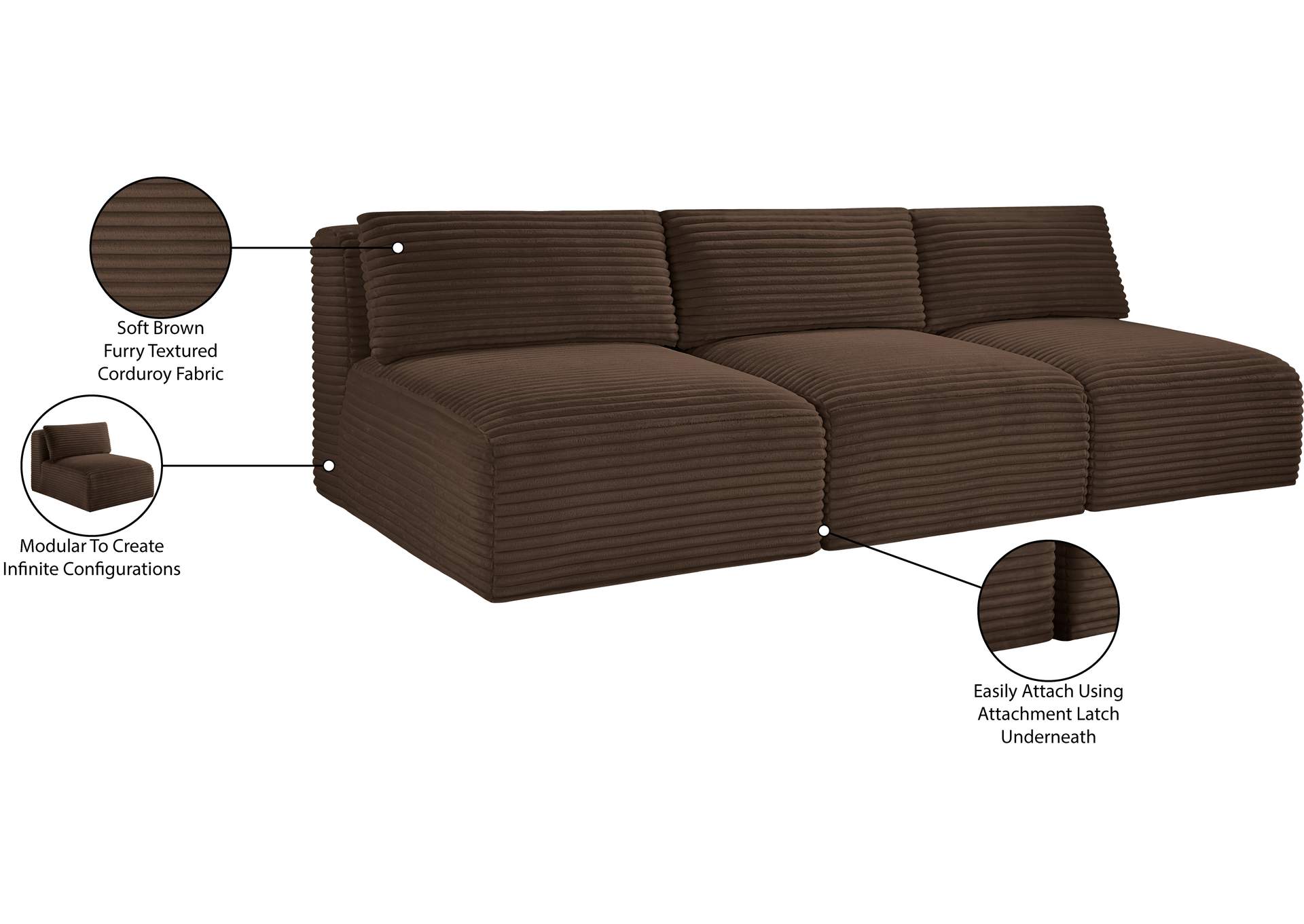Shaggy Brown Corduroy Performance Fabric Modular Sofa