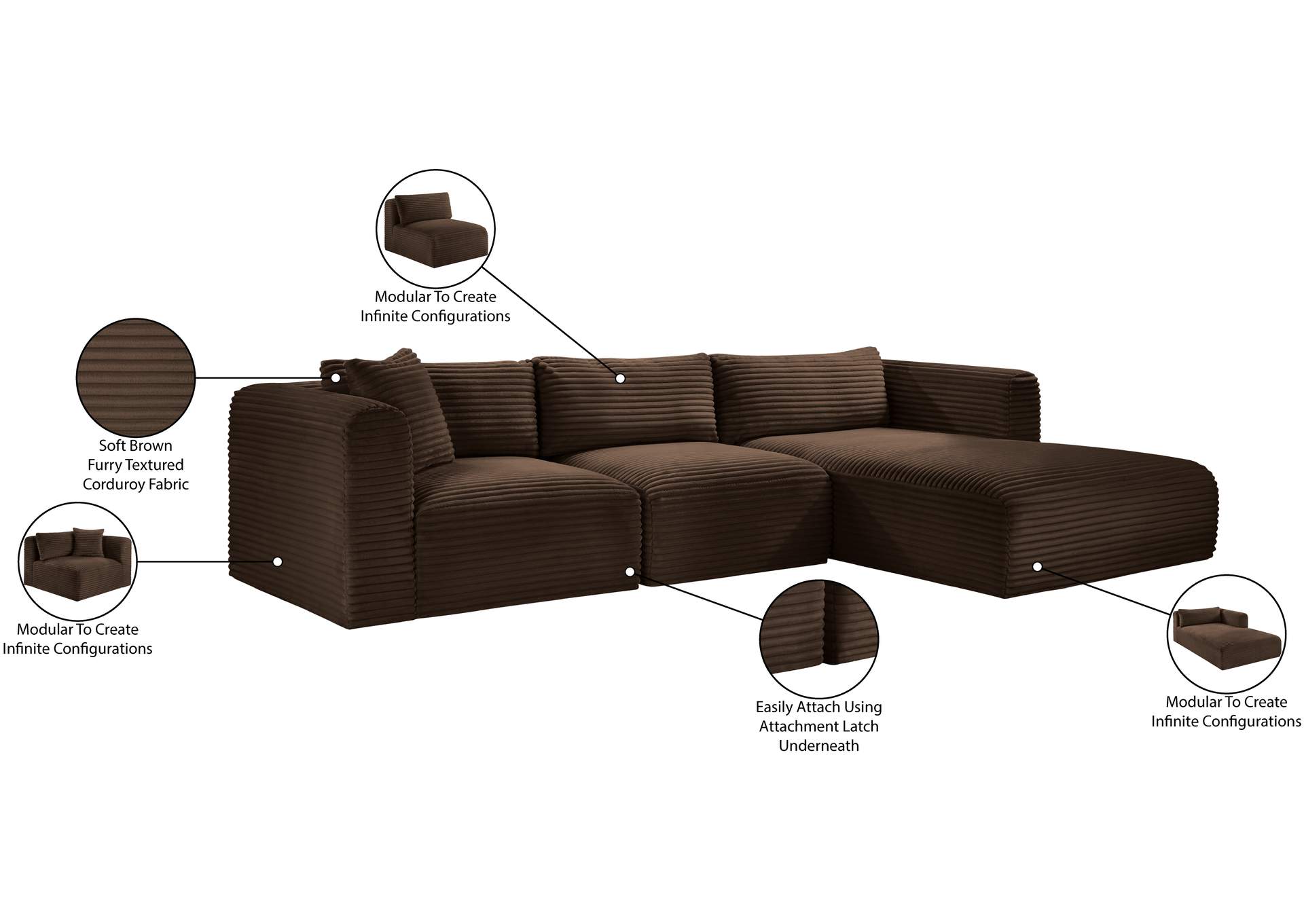 Shaggy Brown Corduroy Performance Fabric Modular Sectional