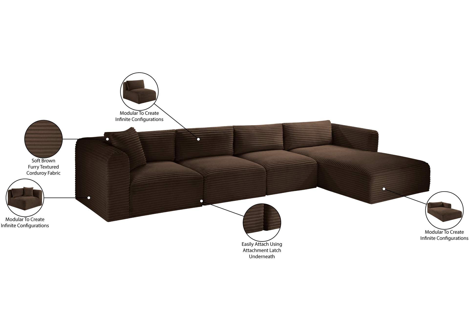 Shaggy Brown Corduroy Performance Fabric Modular Sectional image 14