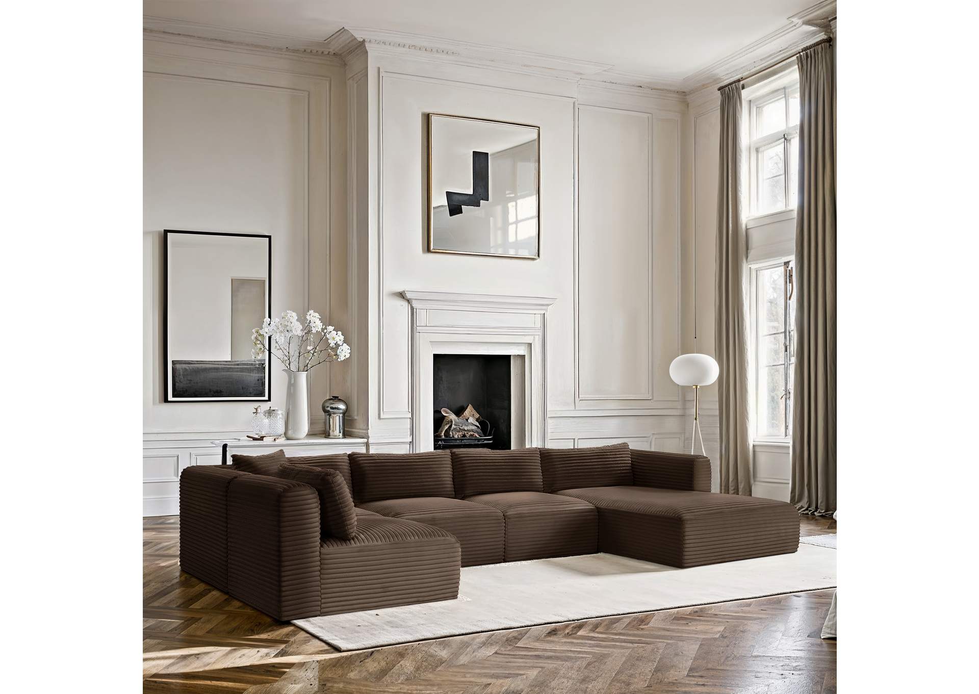 Shaggy Brown Corduroy Performance Fabric Modular Sectional