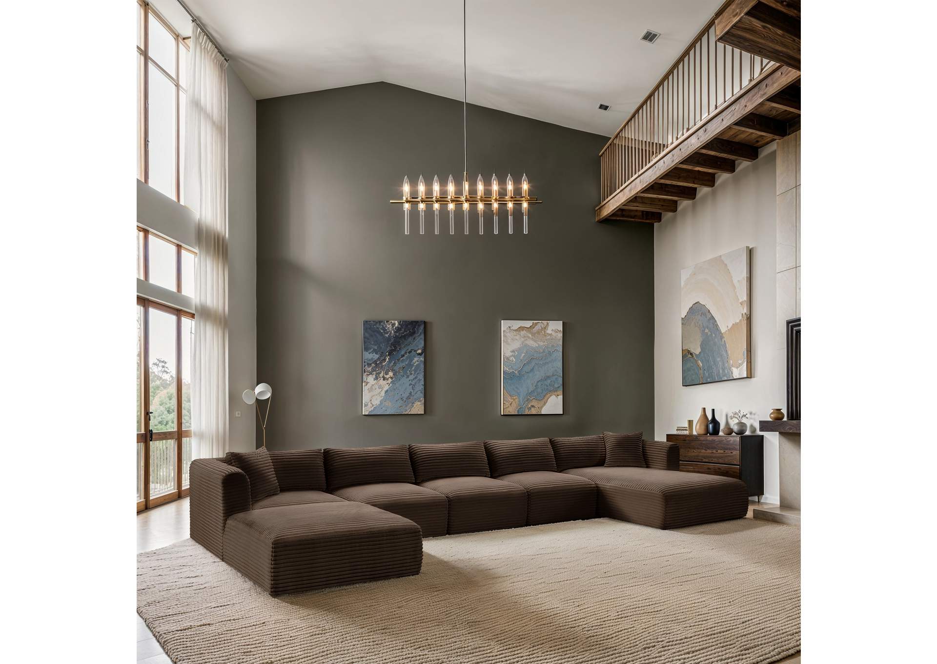 Shaggy Brown Corduroy Performance Fabric Modular Sectional