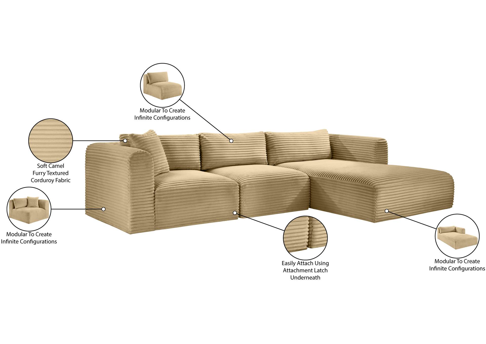 Shaggy Camel Corduroy Performance Fabric Modular Sectional