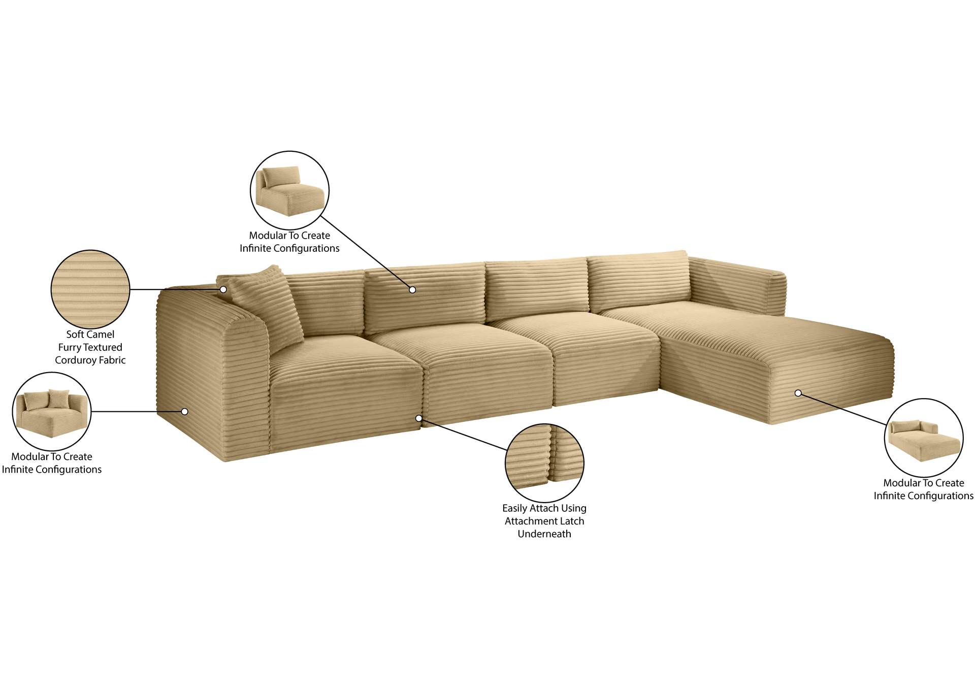 Shaggy Camel Corduroy Performance Fabric Modular Sectional