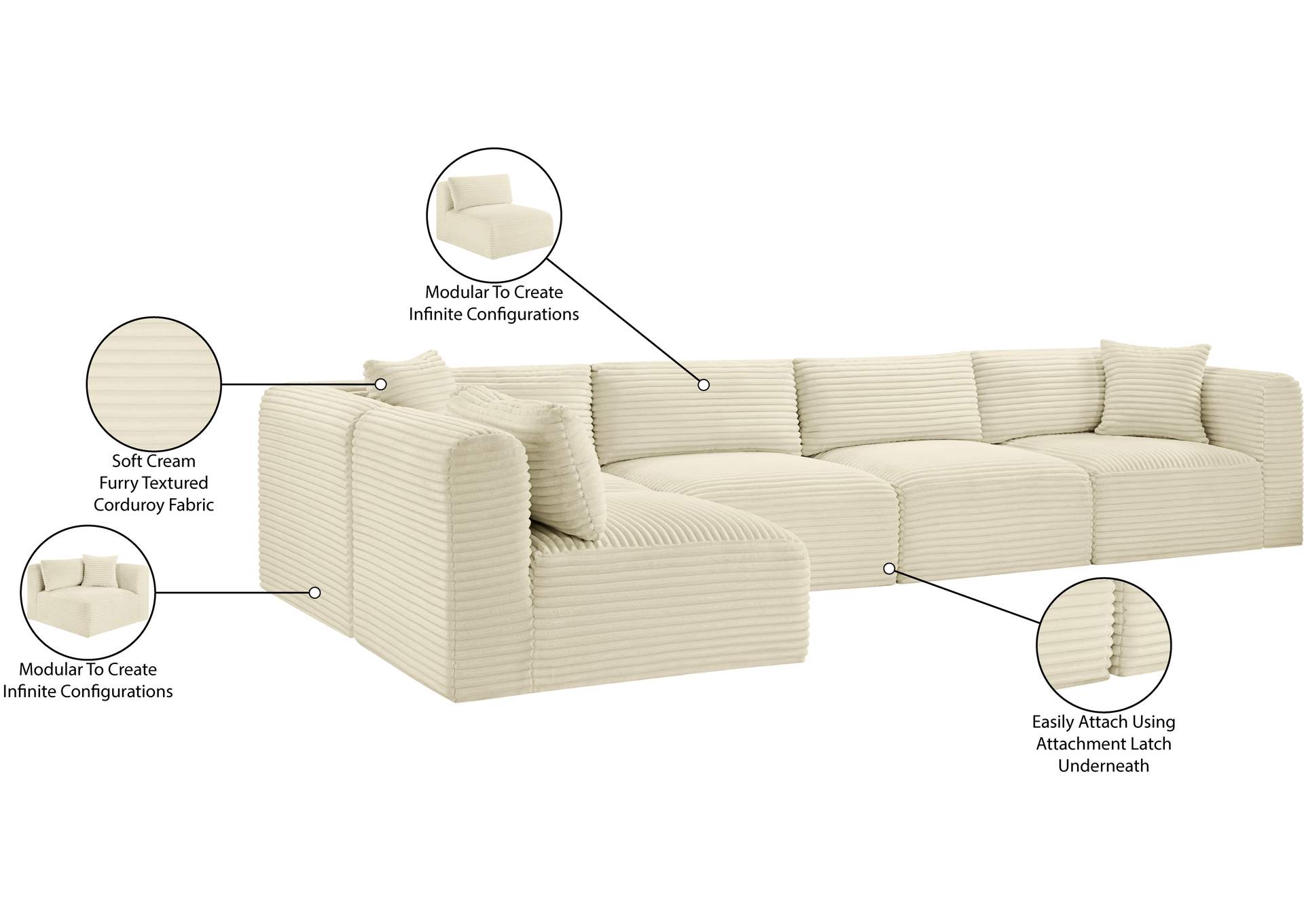Shaggy Cream Corduroy Performance Fabric Modular Sectional