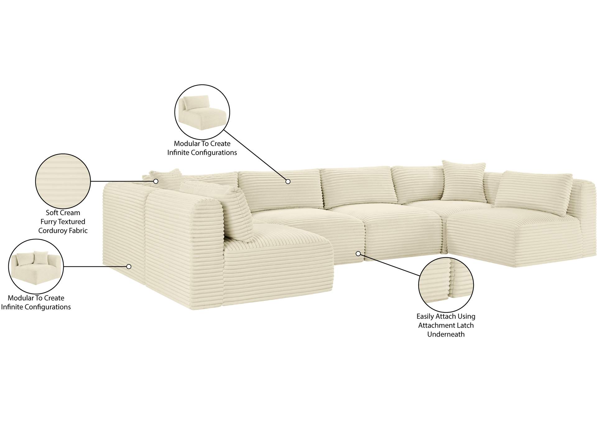 Shaggy Cream Corduroy Performance Fabric Modular Sectional