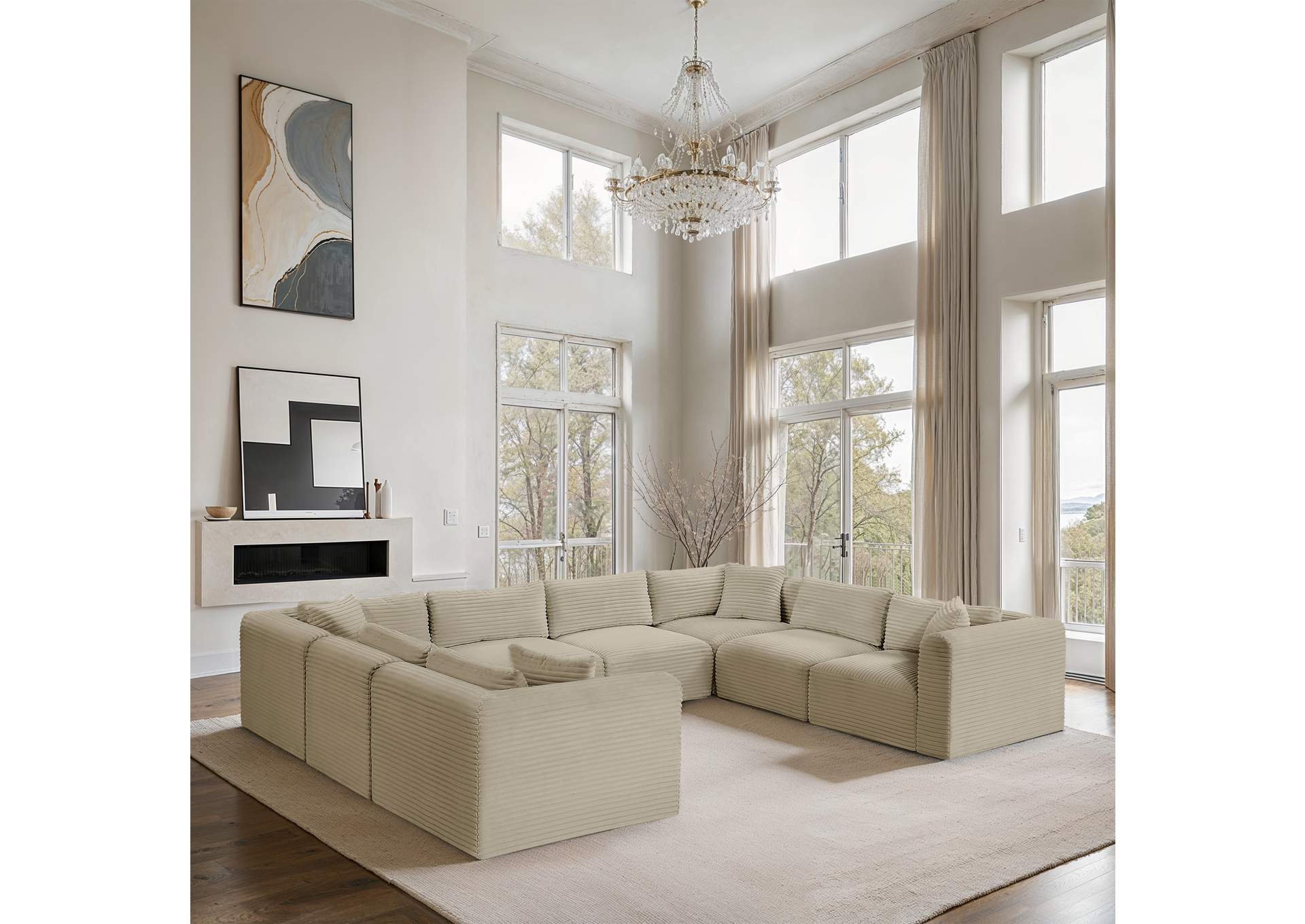 Shaggy Cream Corduroy Performance Fabric Modular Sectional