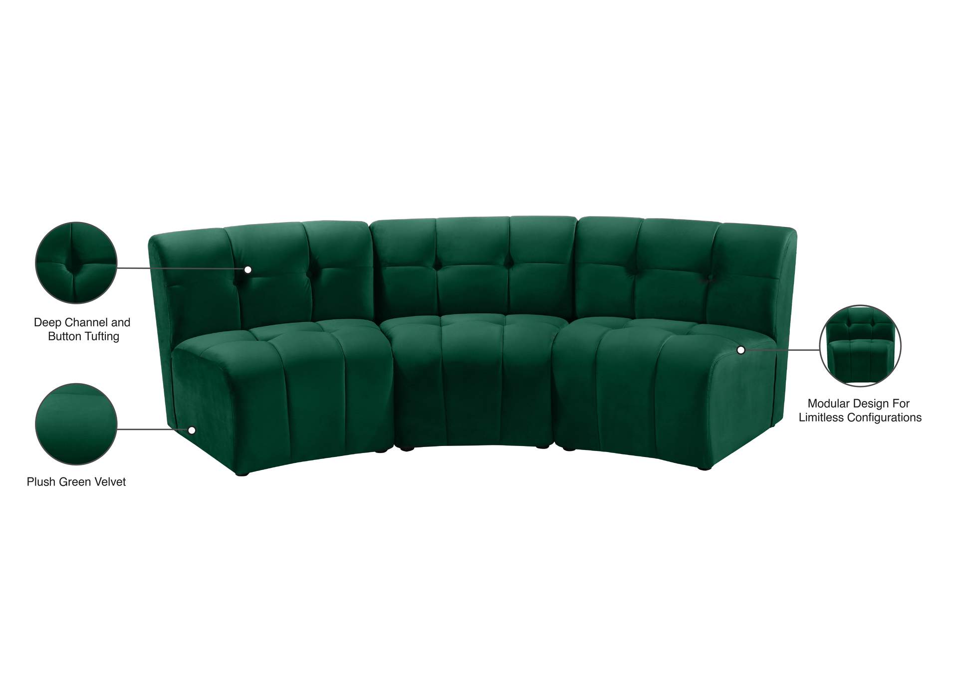 Limitless Green Velvet 3 Piece Modular Sectional