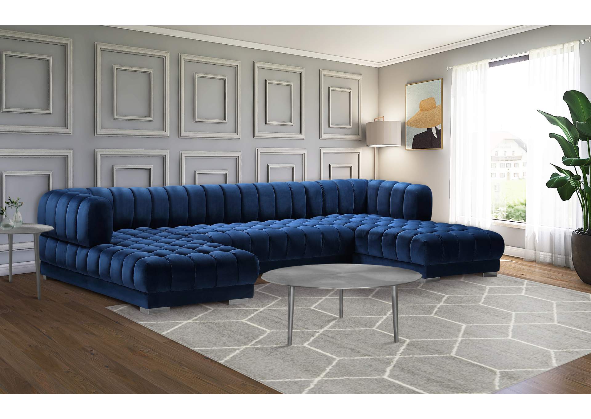 Gwen Navy Velvet 3 Piece Sectional (3 Boxes)