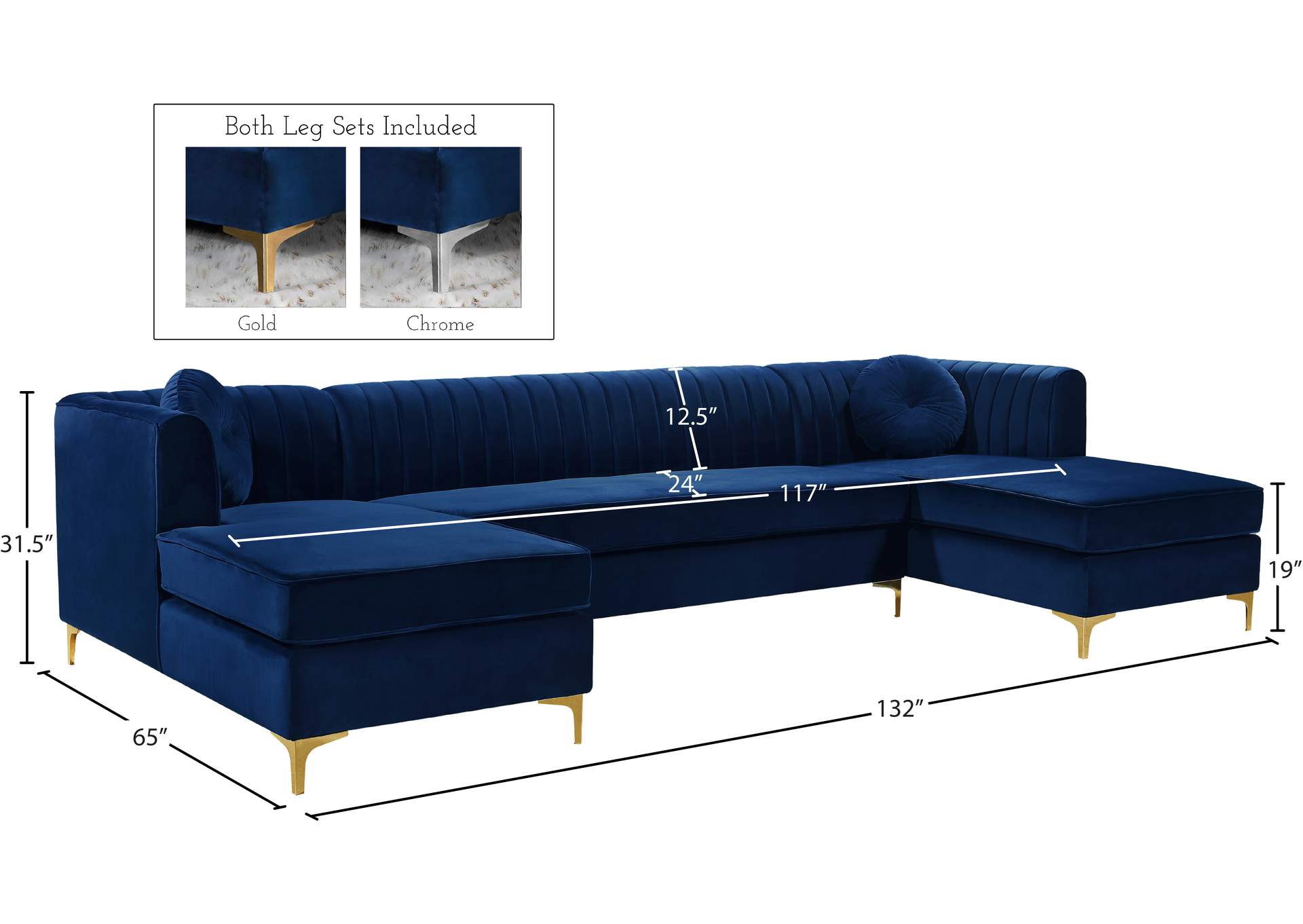 Graham Navy Velvet 3 Piece Sectional