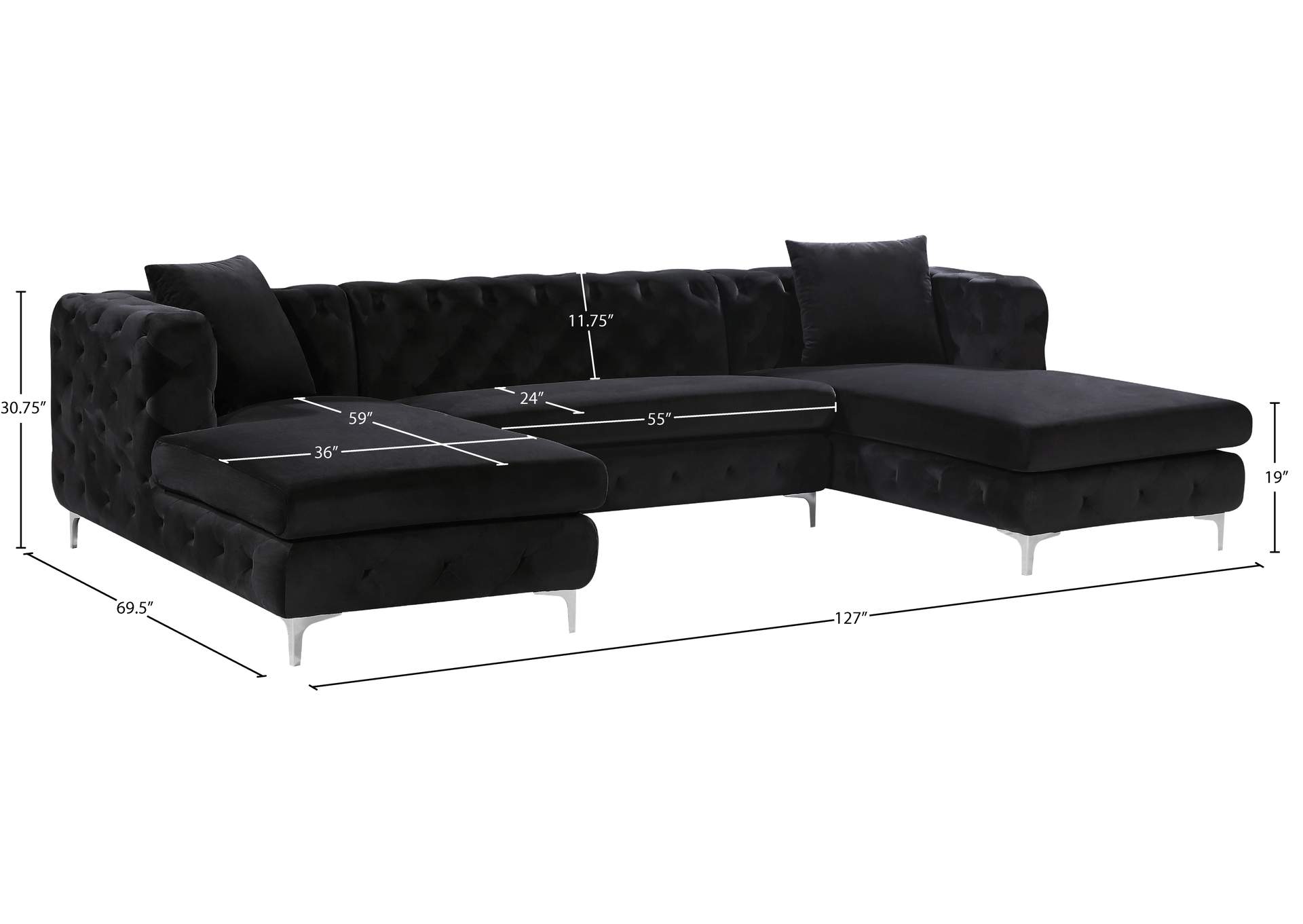 Gail Black Velvet 3 Piece Sectional