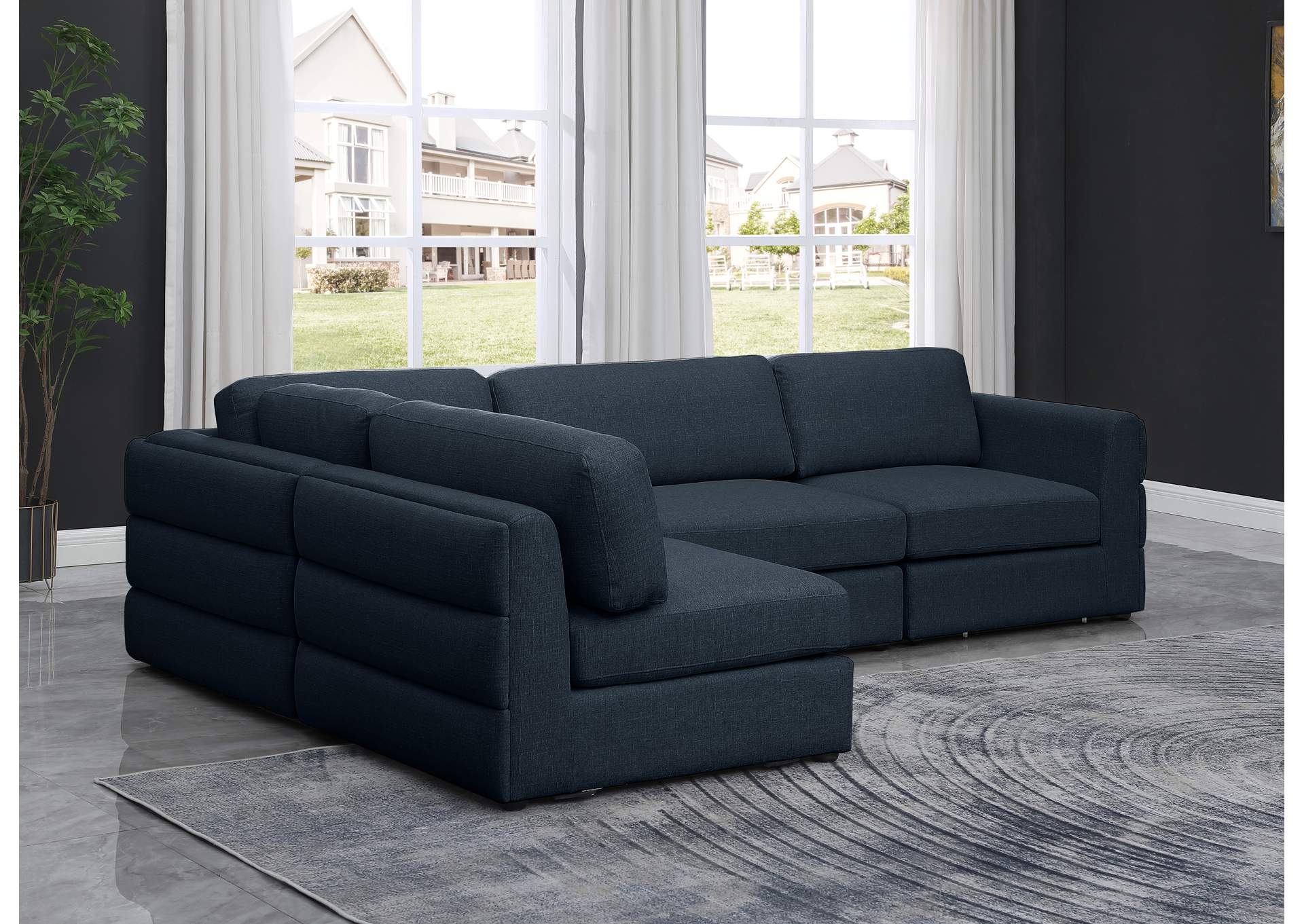 Beckham Navy Durable Linen Textured Fabric Modular Sectional