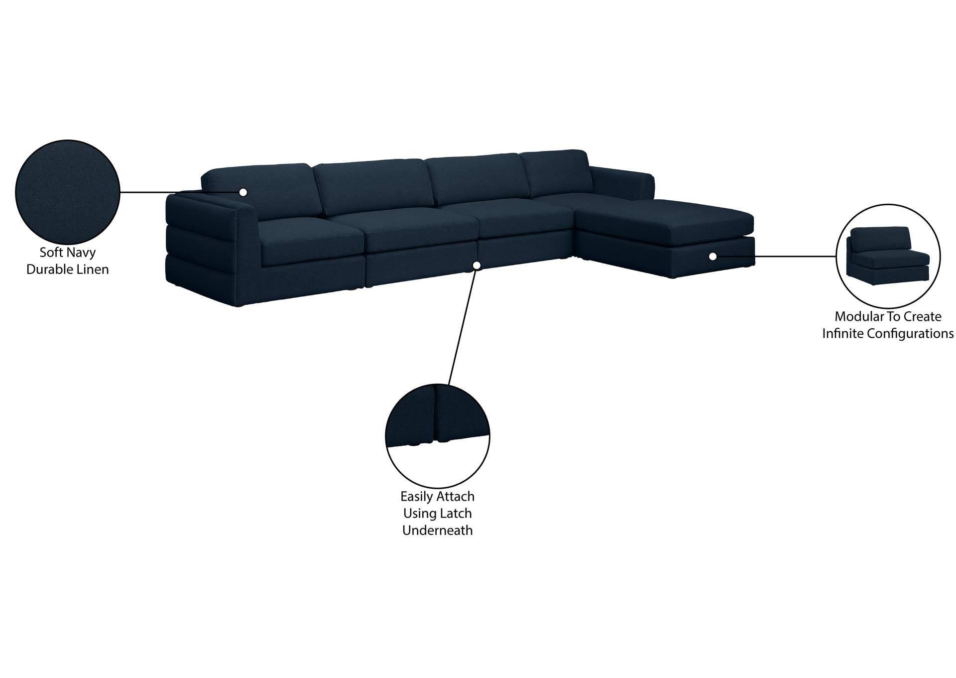 Beckham Navy Durable Linen Textured Fabric Modular Sectional