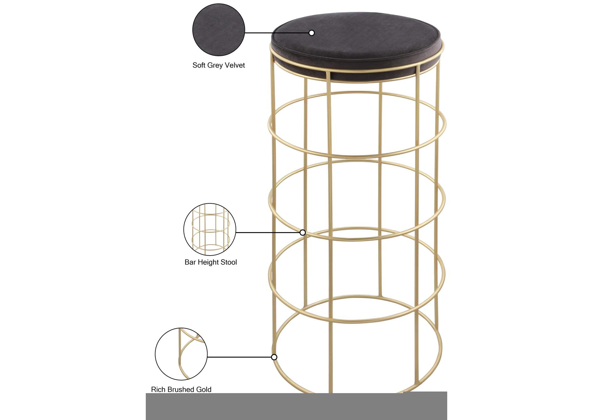 Rebar Grey Velvet Bar Stool