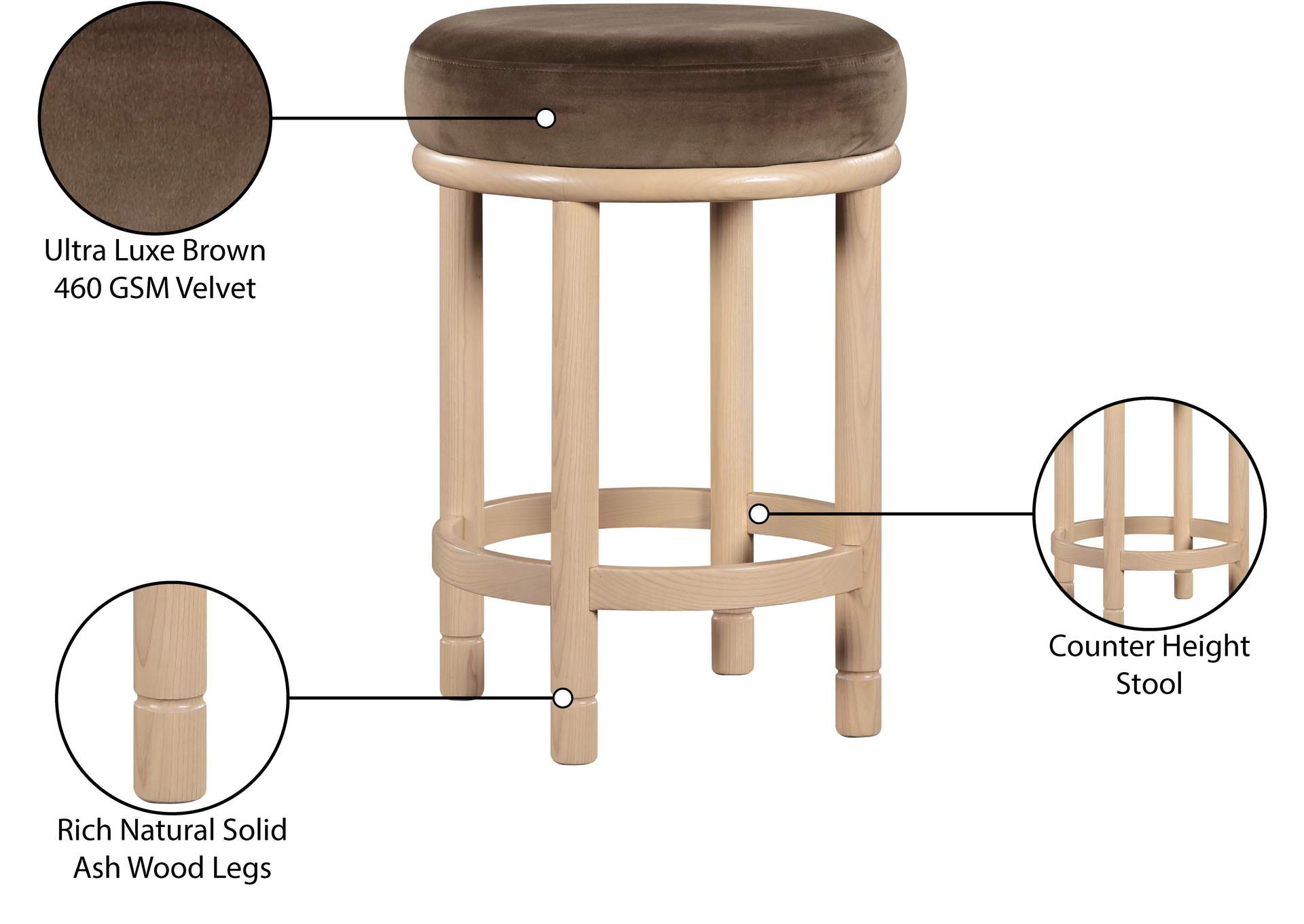 Monette Brown Velvet Counter Stool