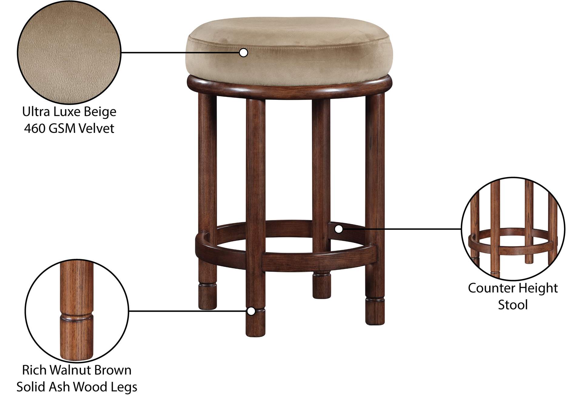 Monette Beige Velvet Counter Stool image 8