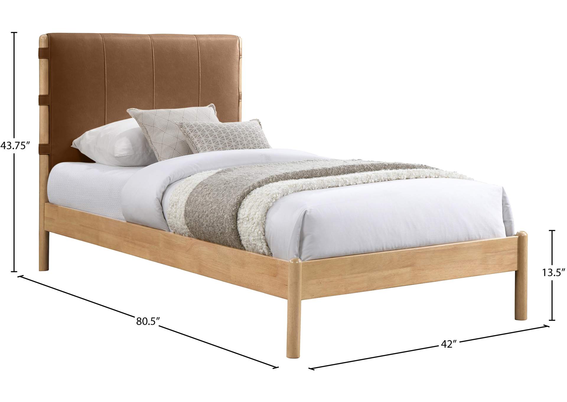 Asher Cognac Vegan Leather Twin Bed (3 Boxes)