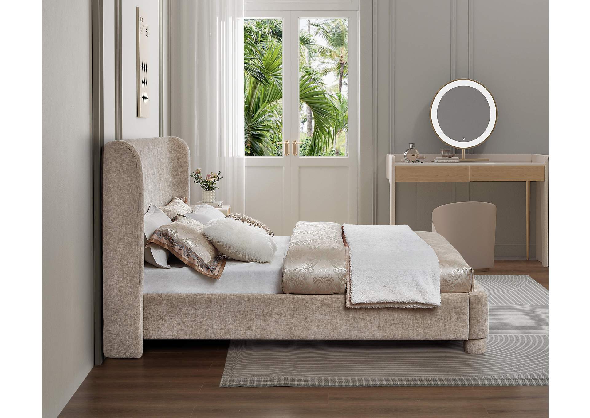 Penny Beige Chenille Fabric Queen Bed
