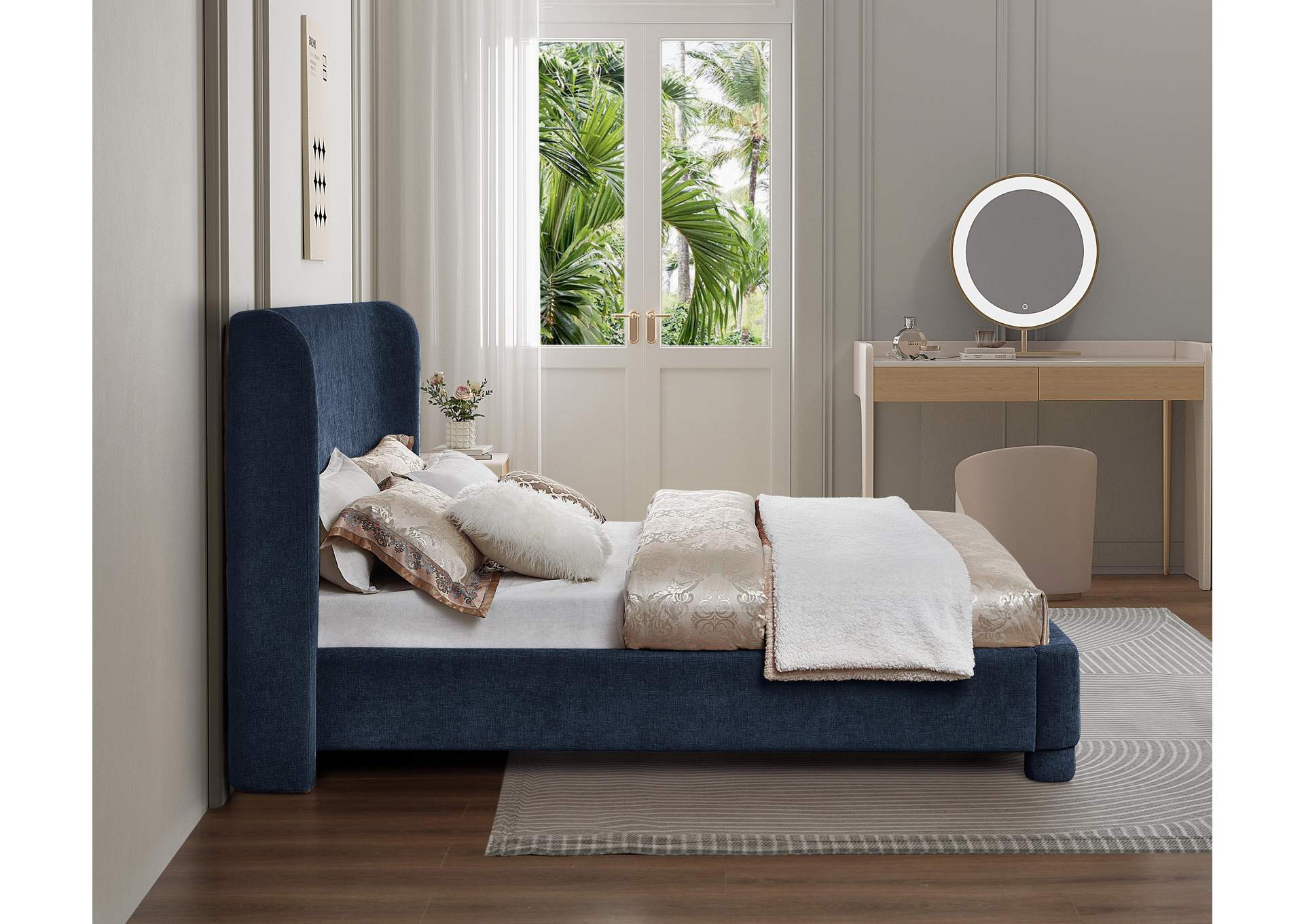 Penny Navy Chenille Fabric Full Bed
