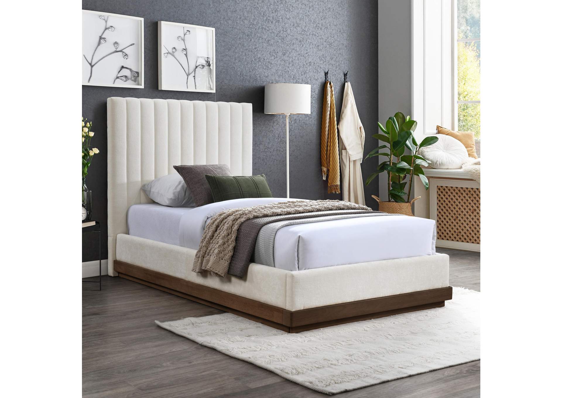 Emmet Cream Chenille Fabric Twin Bed (3 Boxes) image 3